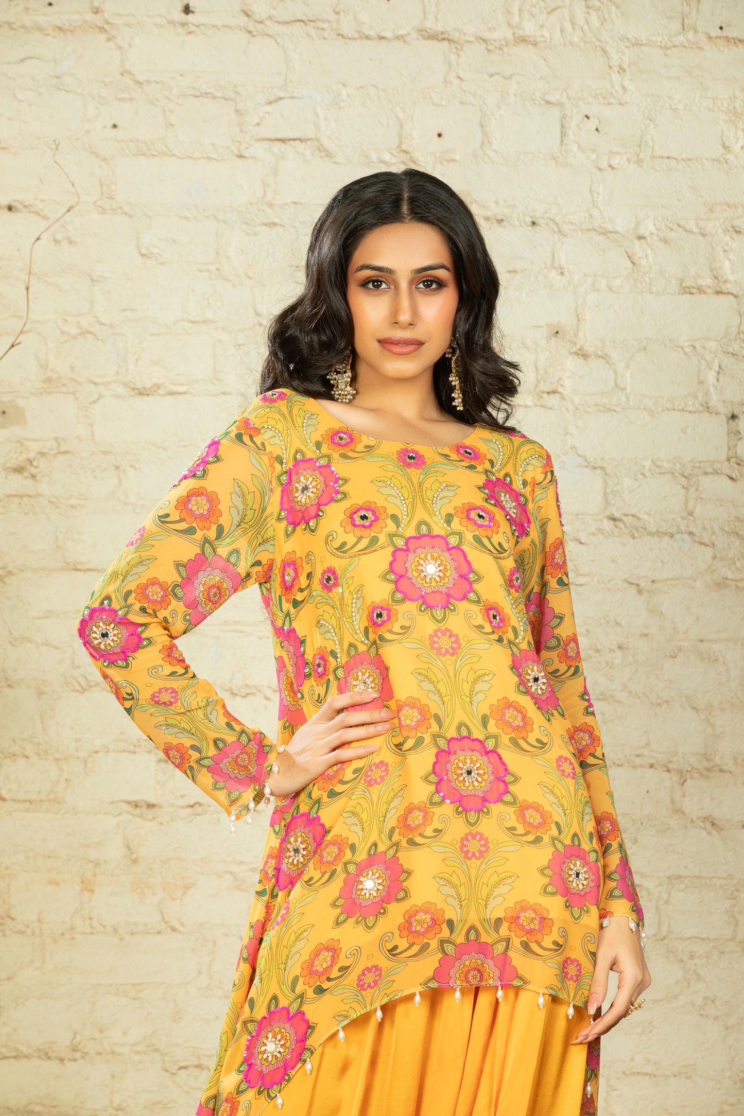 NUSRAT HIGH LOW YELLOW TUNIC & DHOTI