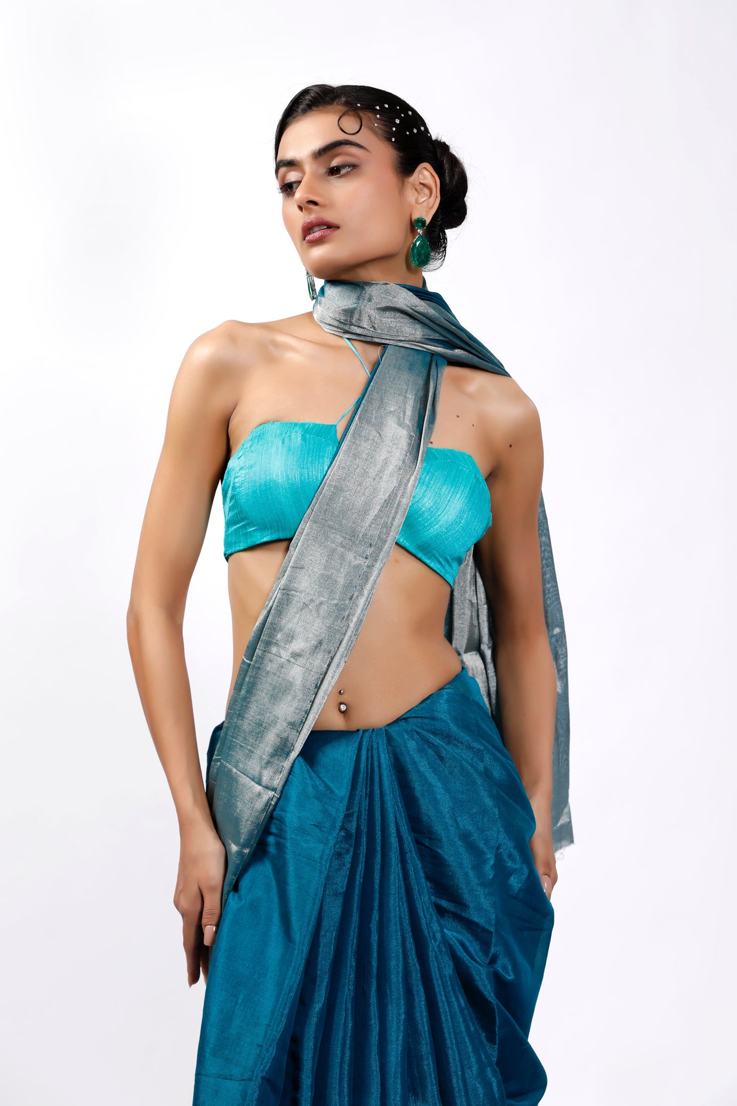 HANDWOVEN BLUE CHANDERI TISSUE SAREE
