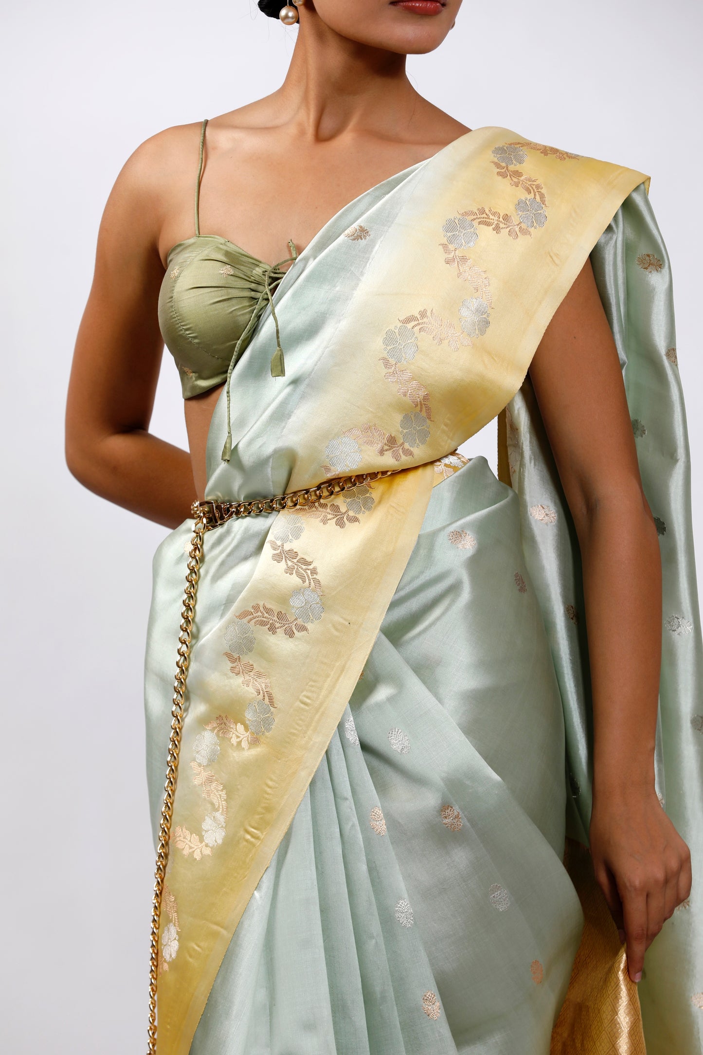 HANDWOVEN PISTA GREEN AND LIME YELLOW SILK SAREE