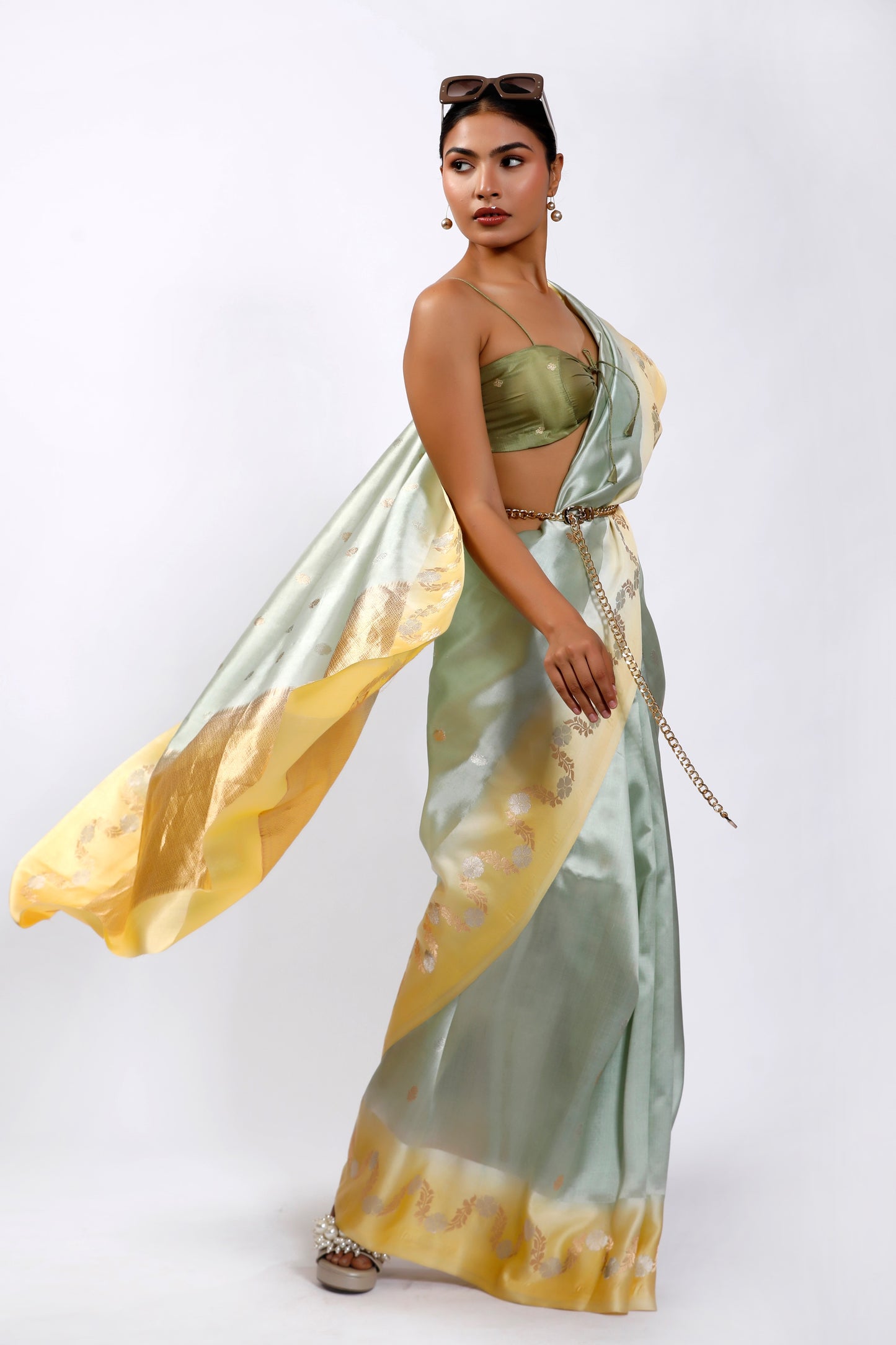 HANDWOVEN PISTA GREEN AND LIME YELLOW SILK SAREE