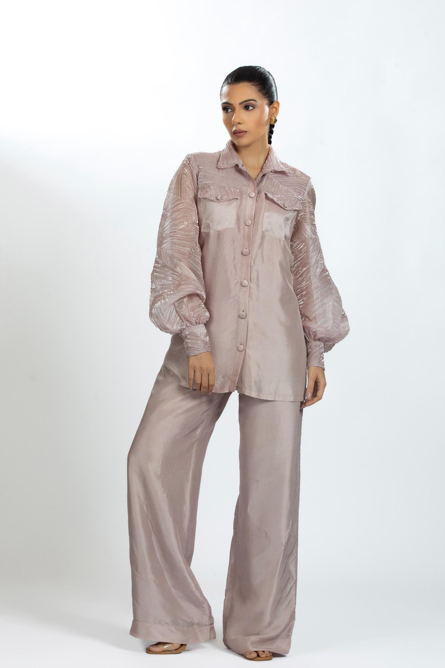 PINK PLEATED ORGANZA WITH BAMBOO SILK CO-ORD SET
