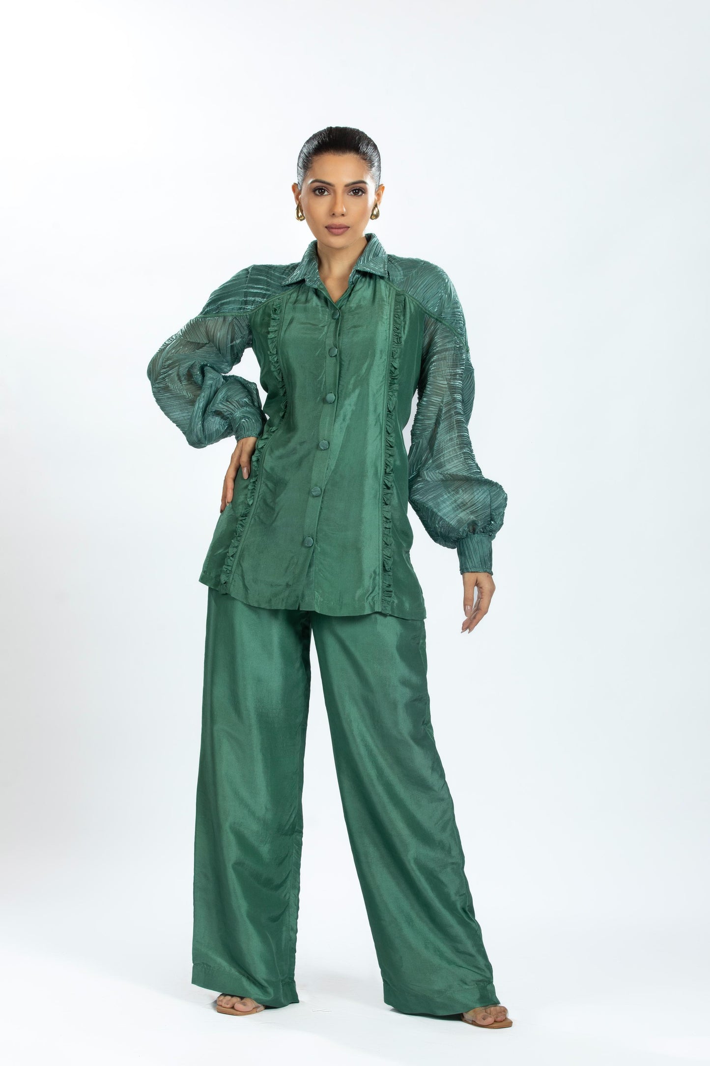 GREEN PLEATED ORGANZA WITH BAMBOO SILK CO-ORD SET