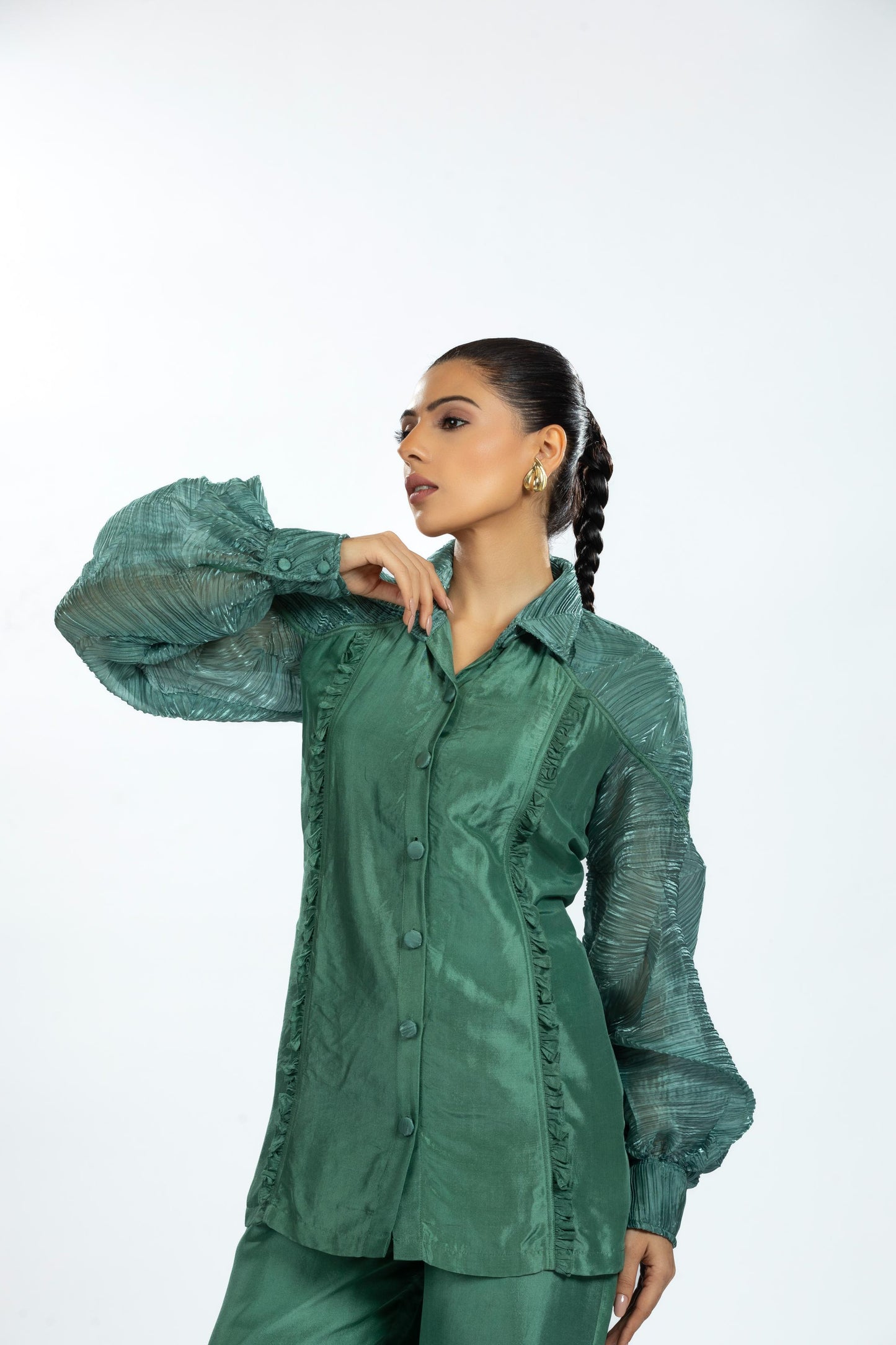 GREEN PLEATED ORGANZA WITH BAMBOO SILK CO-ORD SET