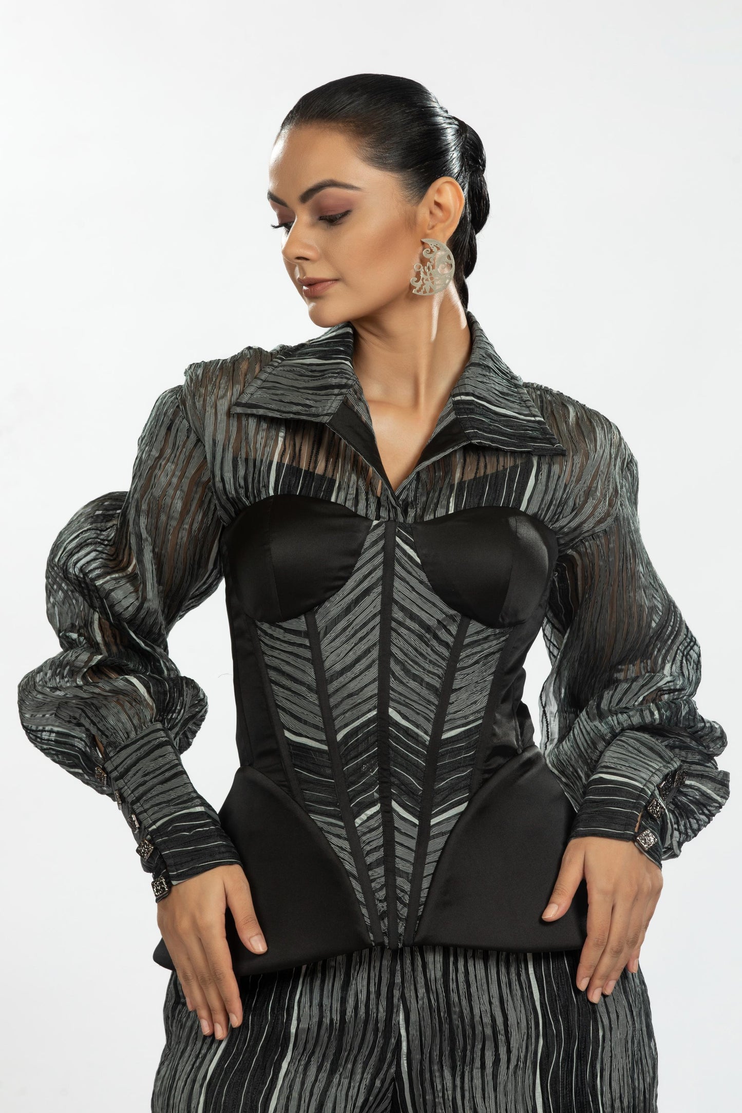 BLACK WHITE AND BLACK STRIPE ORGANZA CORSET