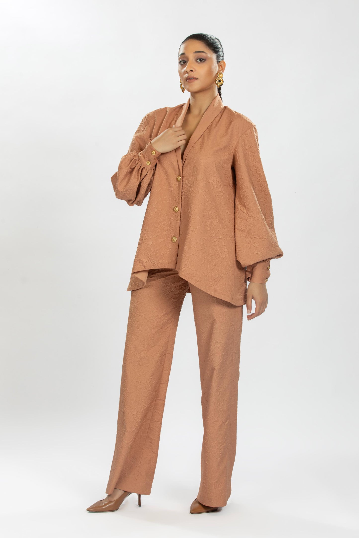 BROWN TEXTURED FABRIC SHIRT WITH PANTS
