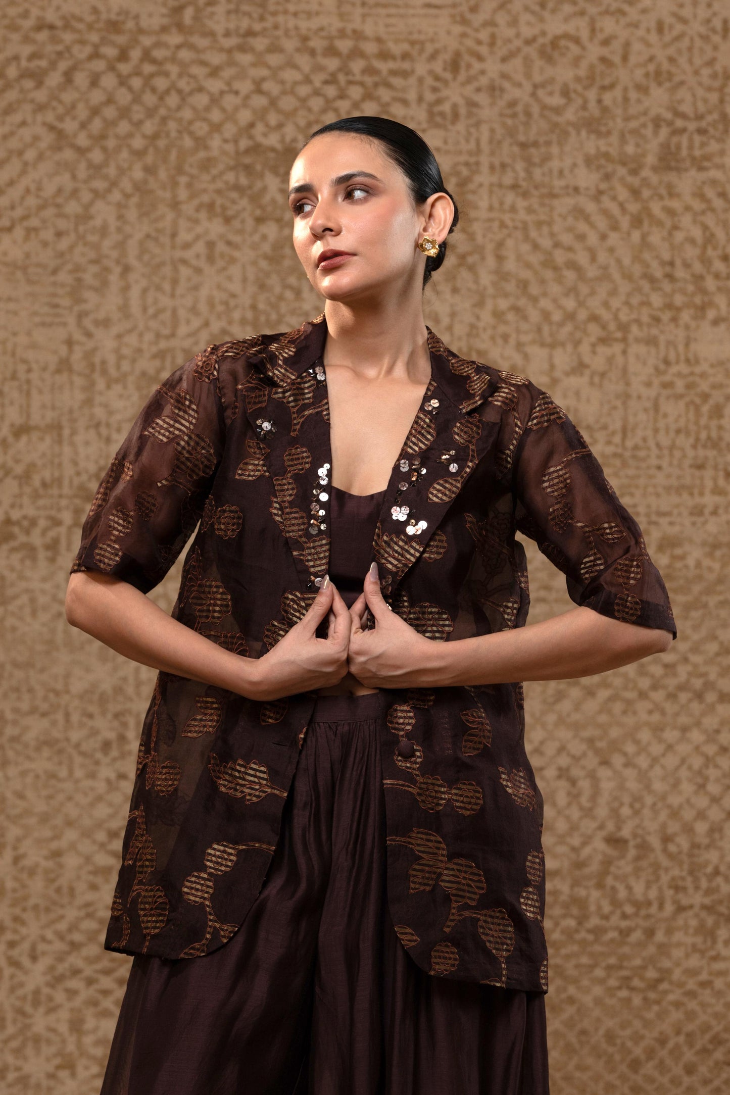 ORGANZA APPLIQUE JACKETSET - BROWN