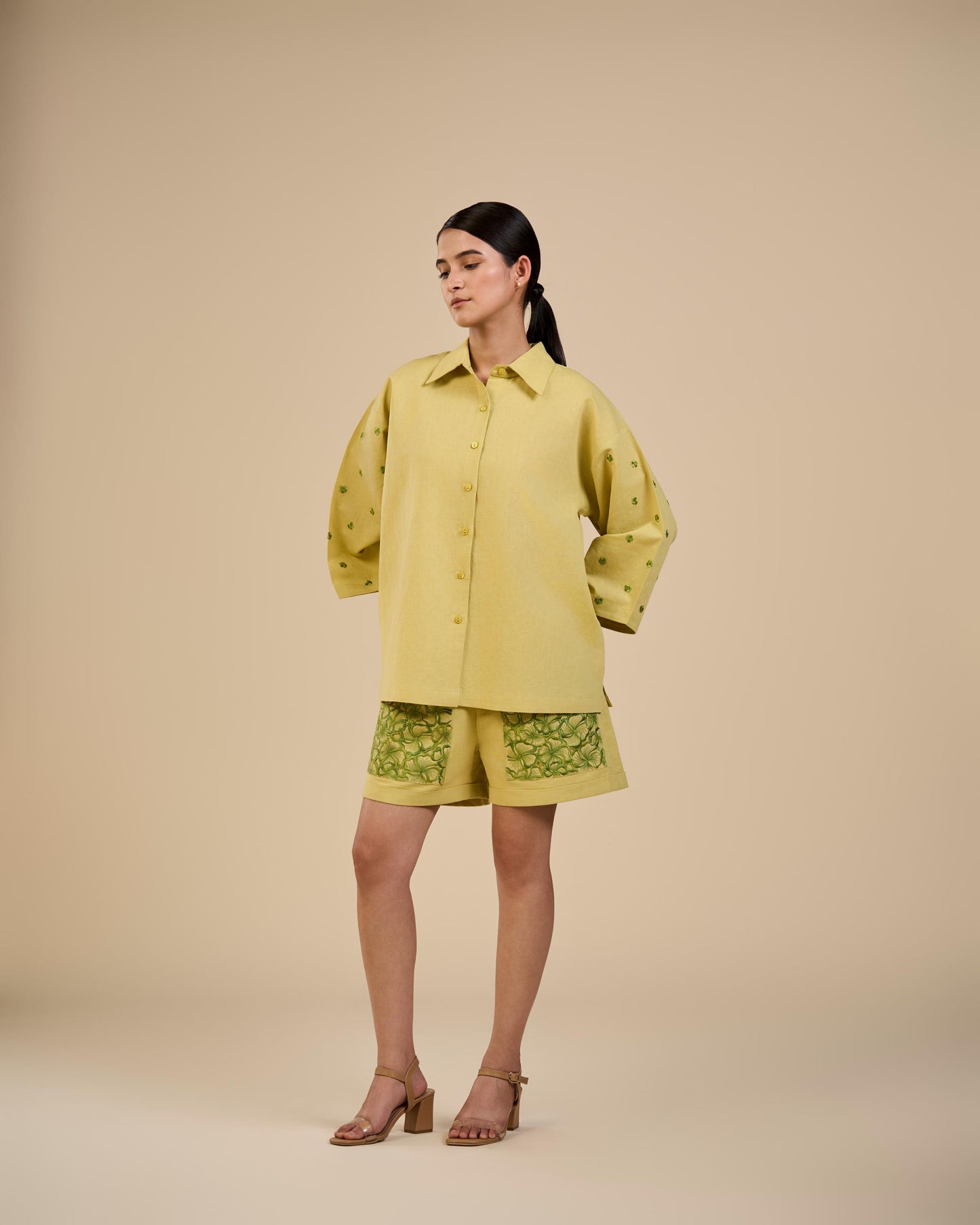 LIME GREEN SHIRT WITH EMBROIDERED SLEEVES