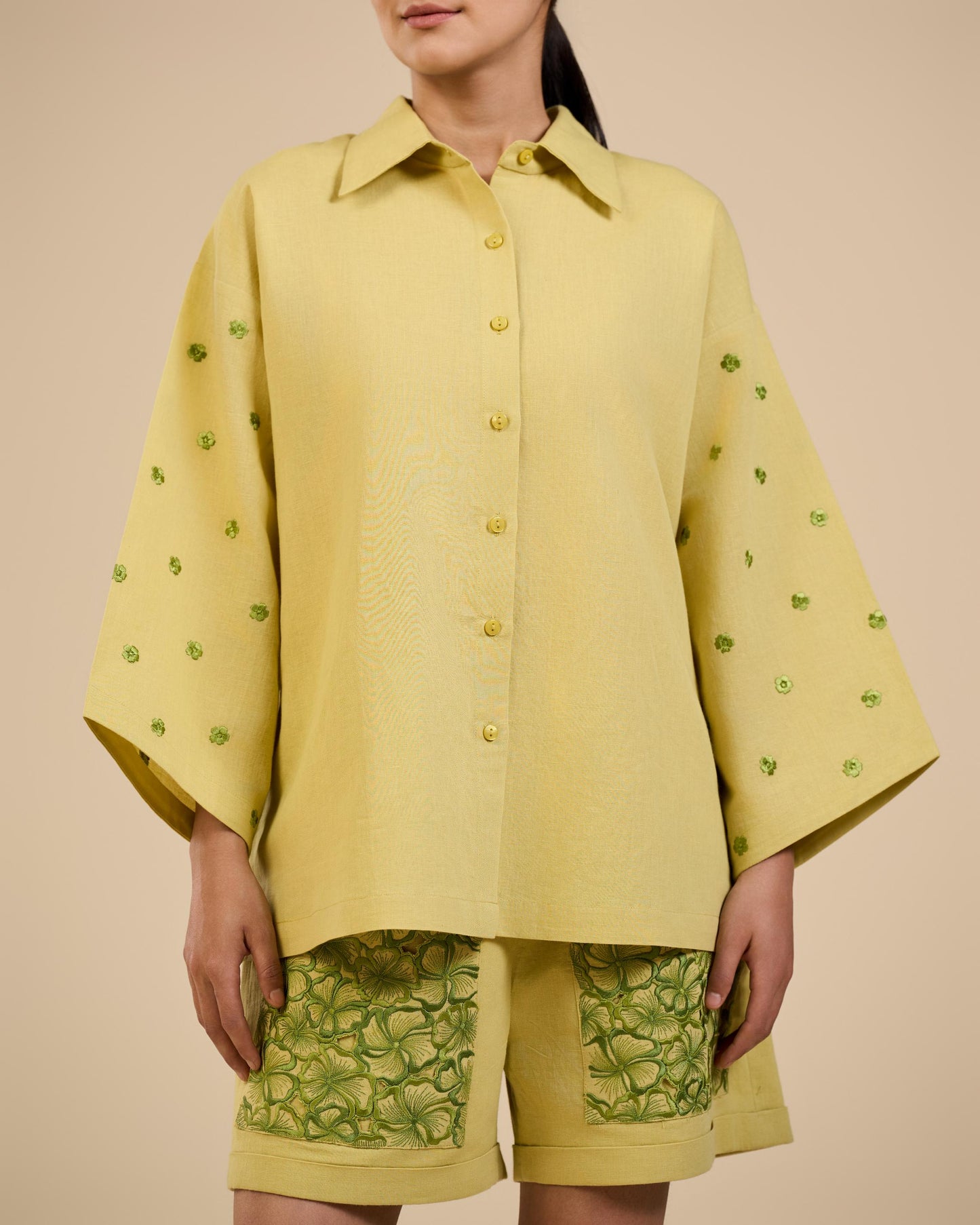 LIME GREEN SHIRT WITH EMBROIDERED SLEEVES