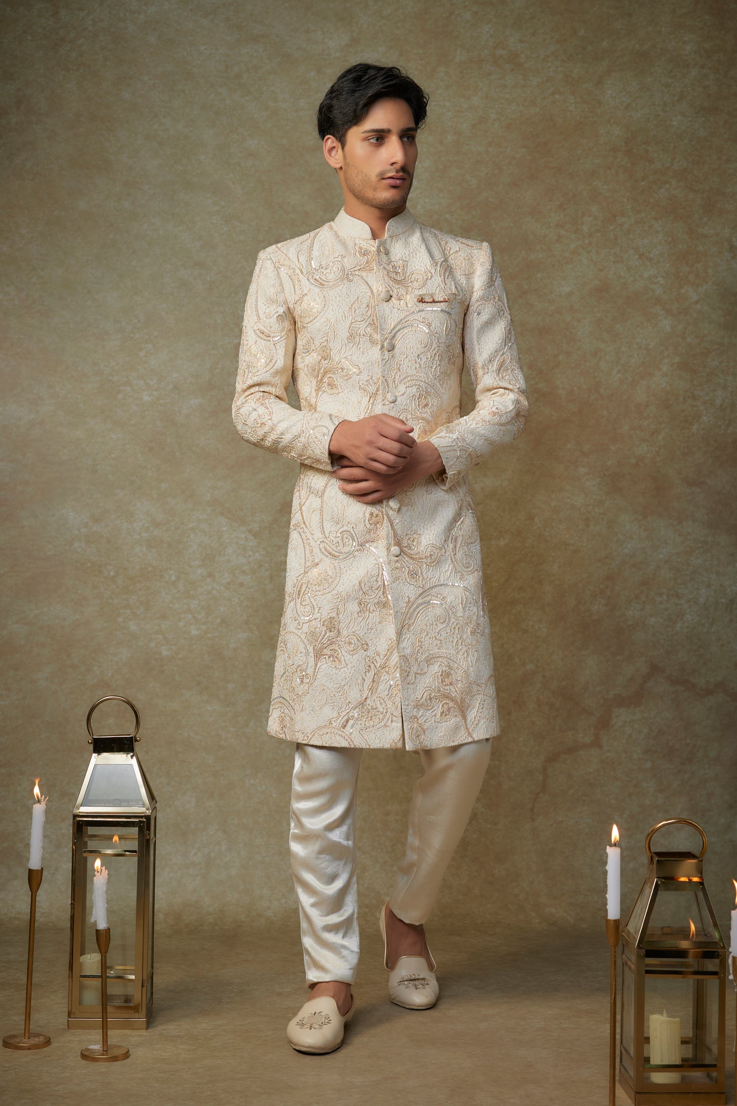 BEIGE SHERWANI SET