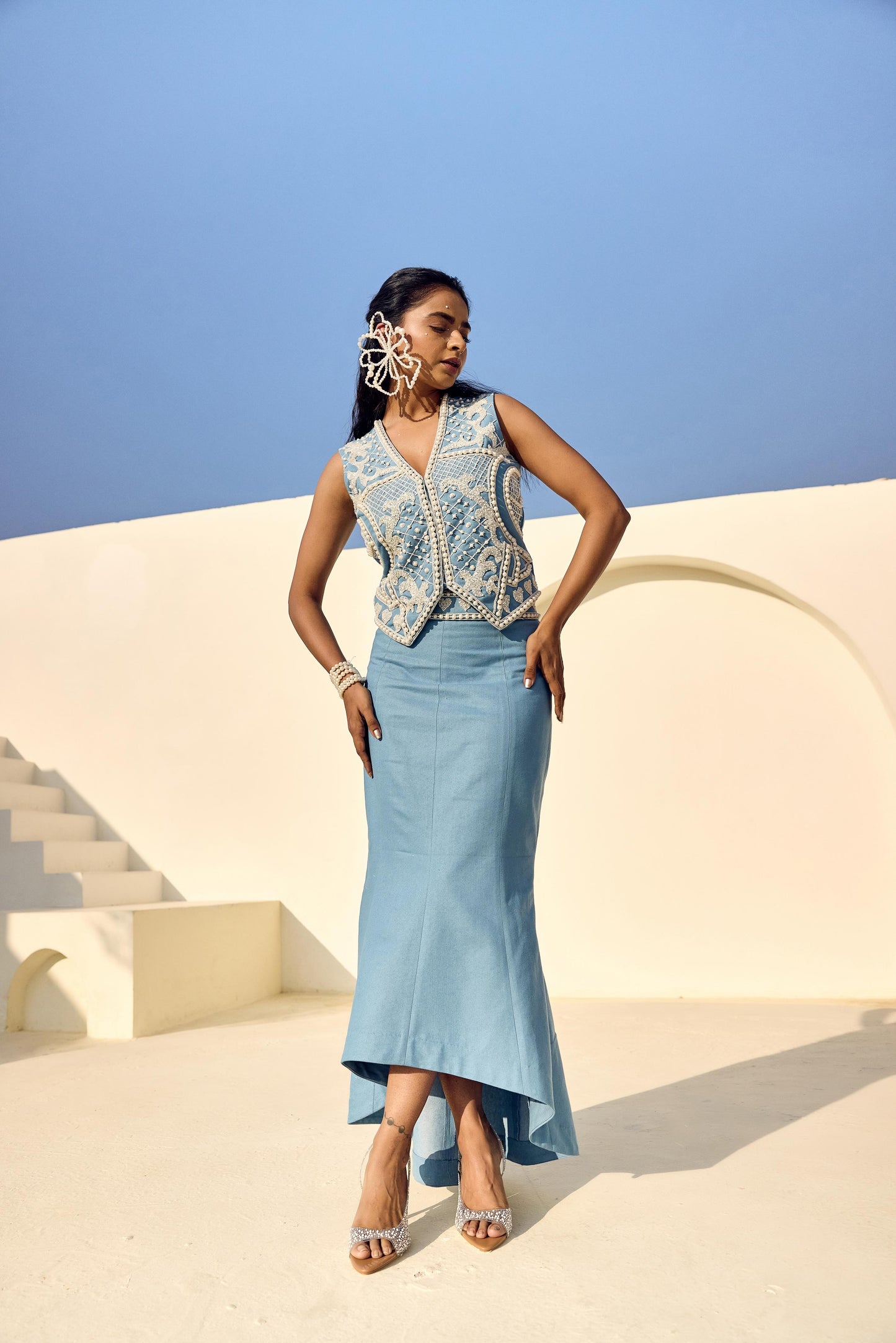 PEARL DENIM WAIST COAT WITH DENIM HIGH LOW SKIRT