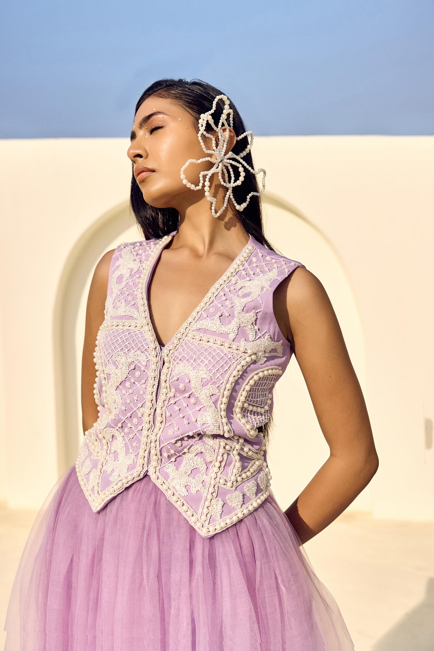 PEARL PURPLE WAIST COAT WITH NET LONG SKIRT
