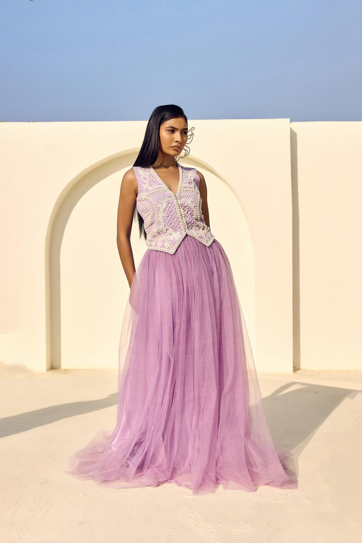 PEARL PURPLE WAIST COAT WITH NET LONG SKIRT
