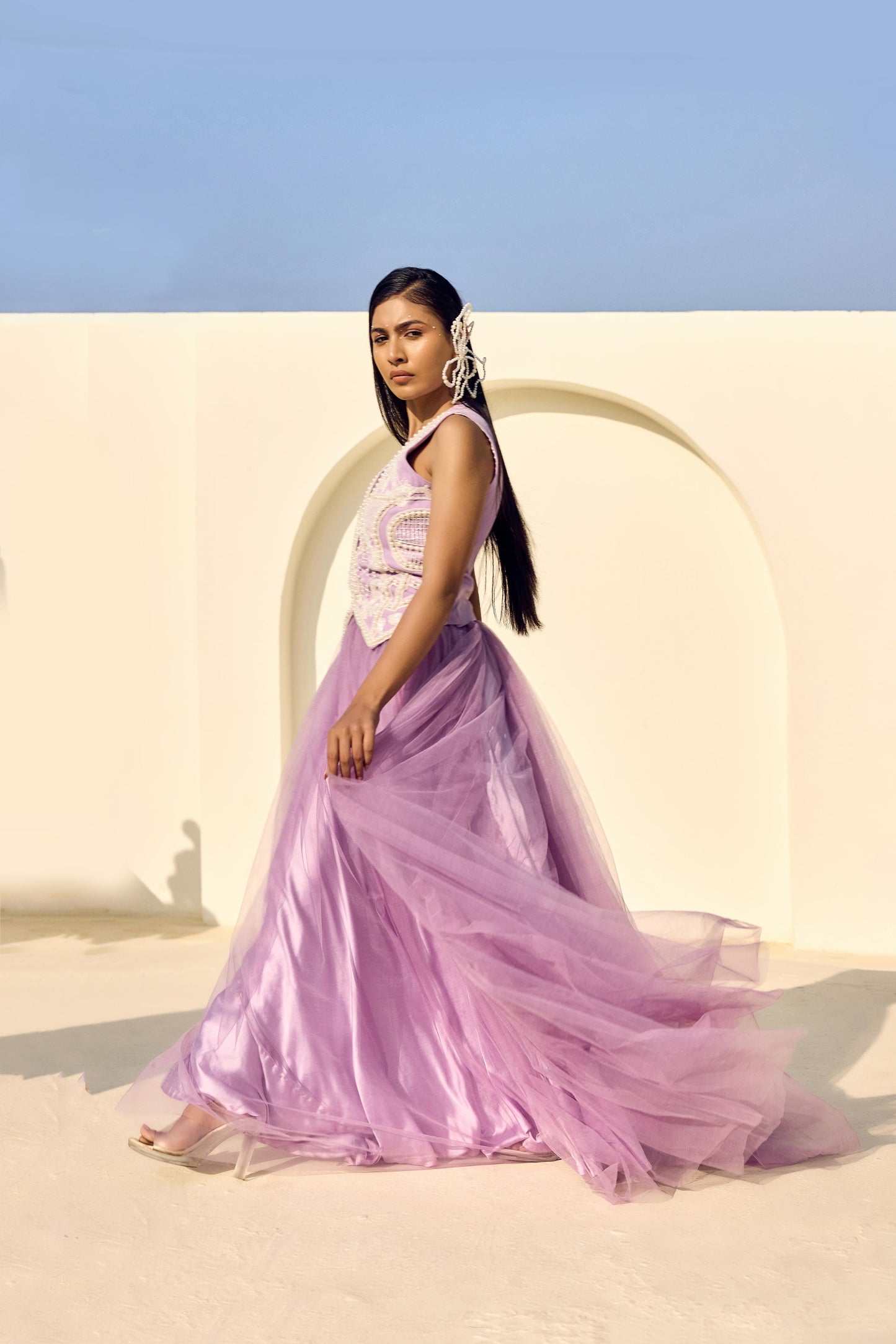 PEARL PURPLE WAIST COAT WITH NET LONG SKIRT