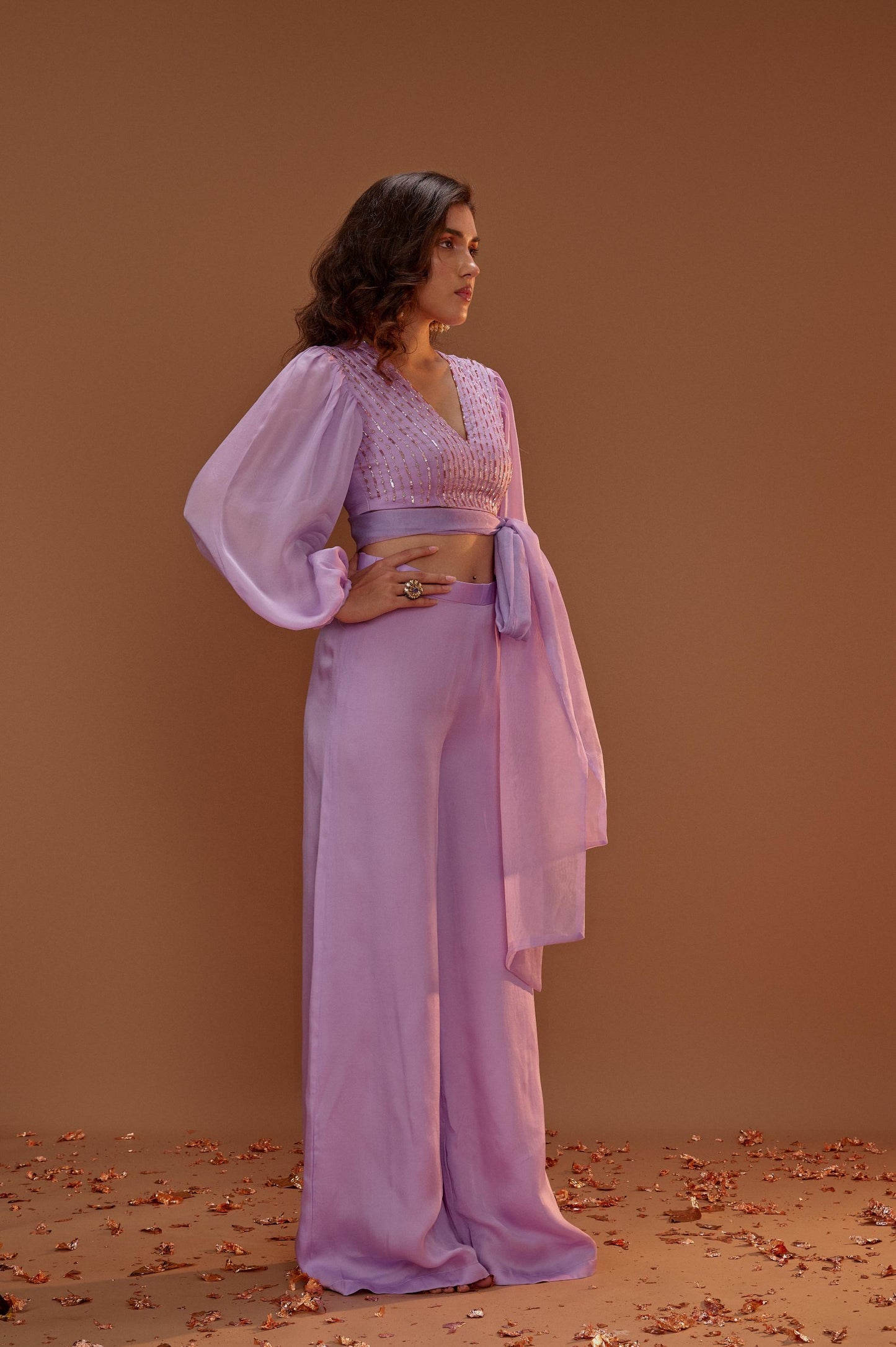 LILAC CROP TOP WITH PALAZO AND ORGANZA TIE UP