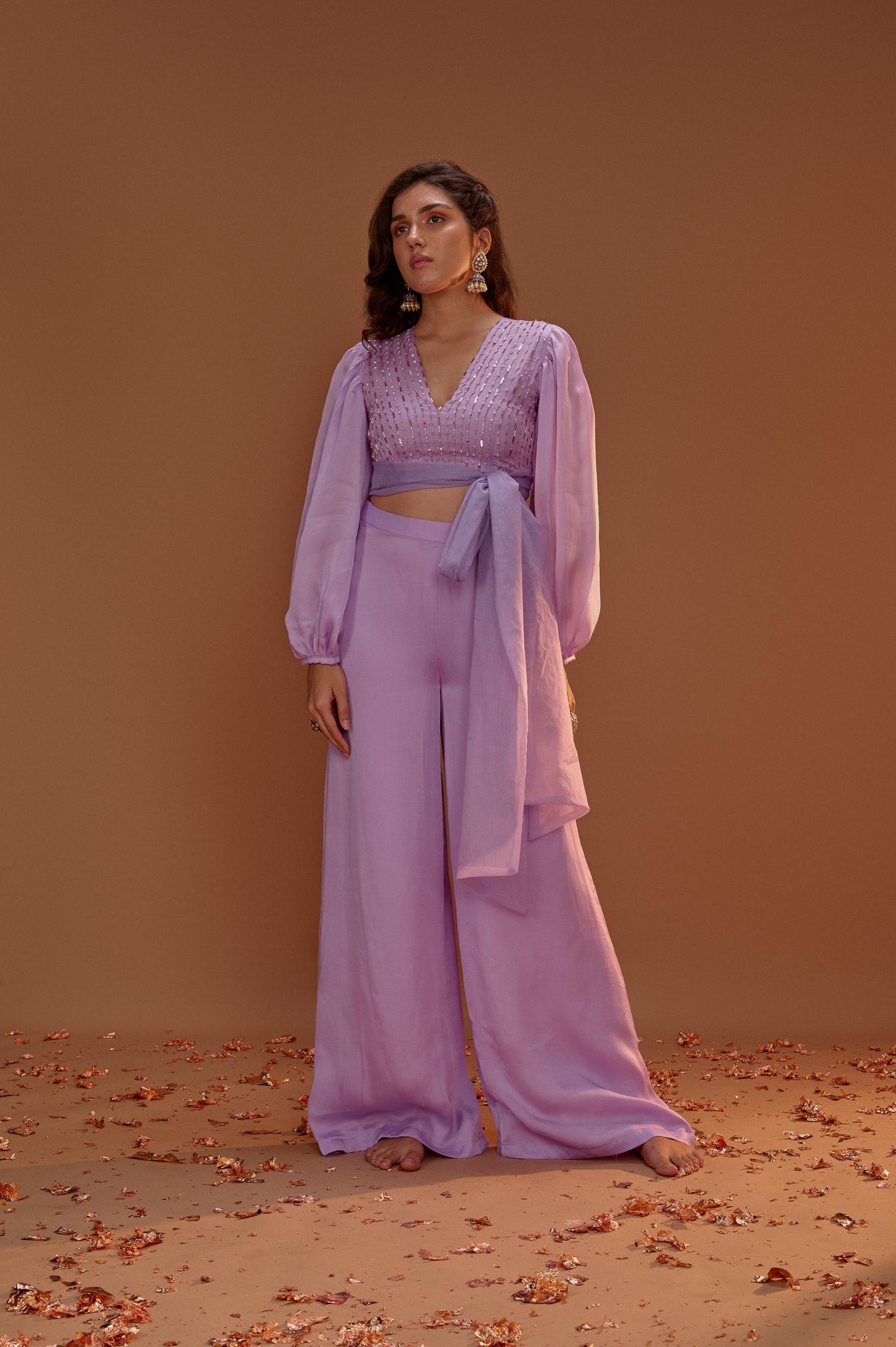 LILAC CROP TOP WITH PALAZO AND ORGANZA TIE UP