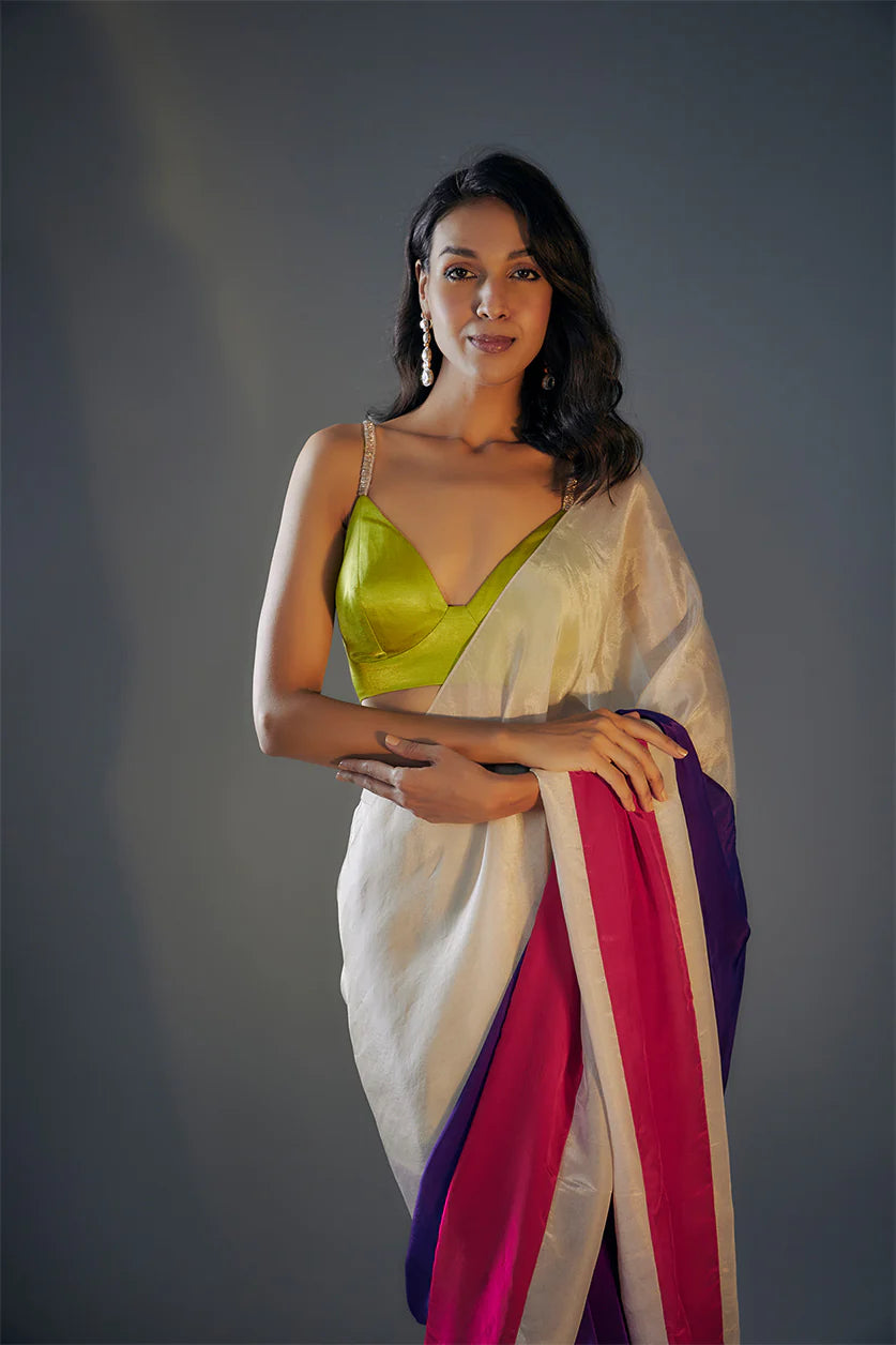 BLOCK SAREE IN TISSUE WITH EMBROIDERED BLOUSE