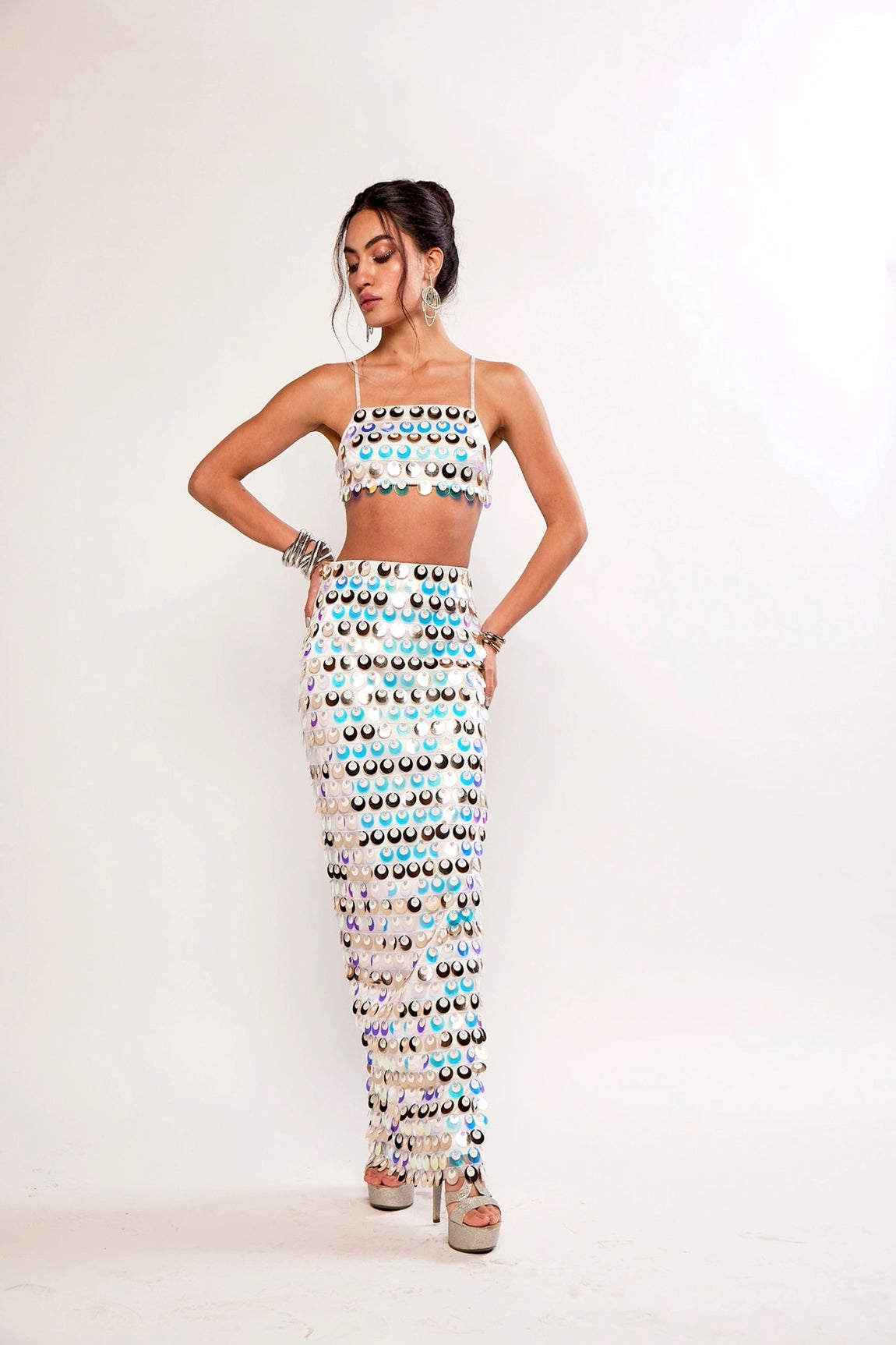 SEA MAIDEN IRIDESCENT WHITE SEQUIN EMBELLISHED TWO PIECE COORD SET