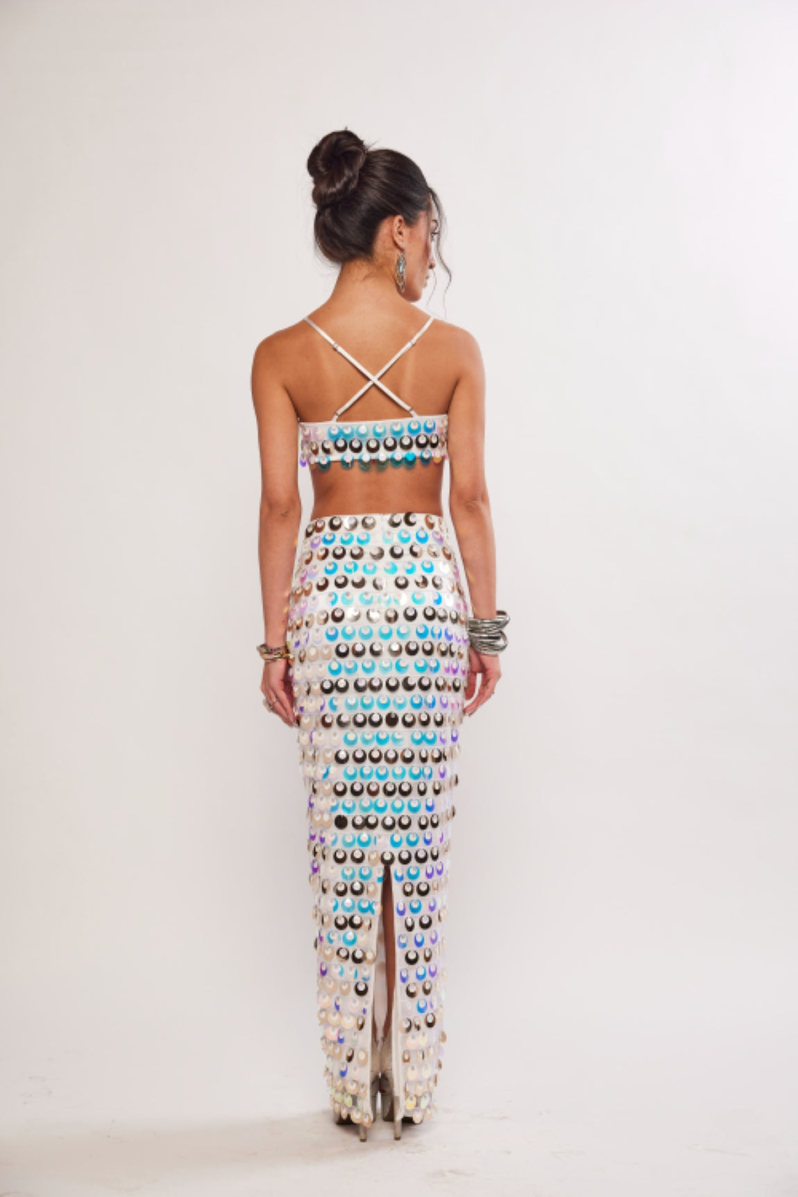 SEA MAIDEN IRIDESCENT WHITE SEQUIN EMBELLISHED TWO PIECE COORD SET