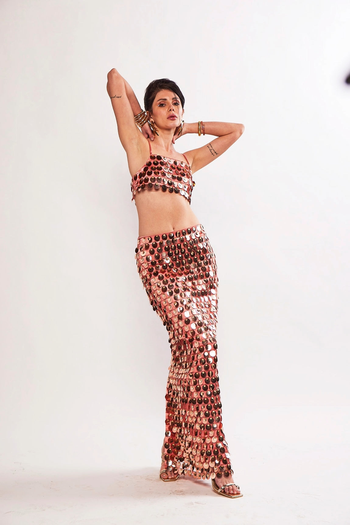 SUNDAZE OLD ROSE METTALIC SEQUIN EMBELLISHED TWO PIECE CORD SET