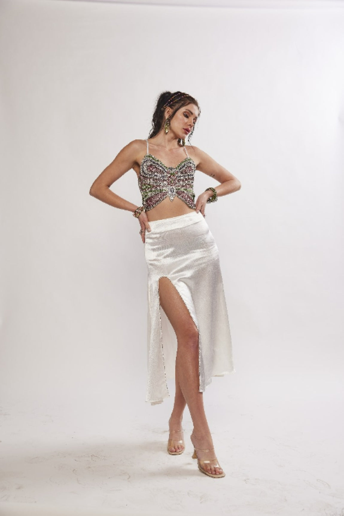 TWINKLE WHITE RHINESTONE EMBELLISHED FLARED MIDI SKIRT