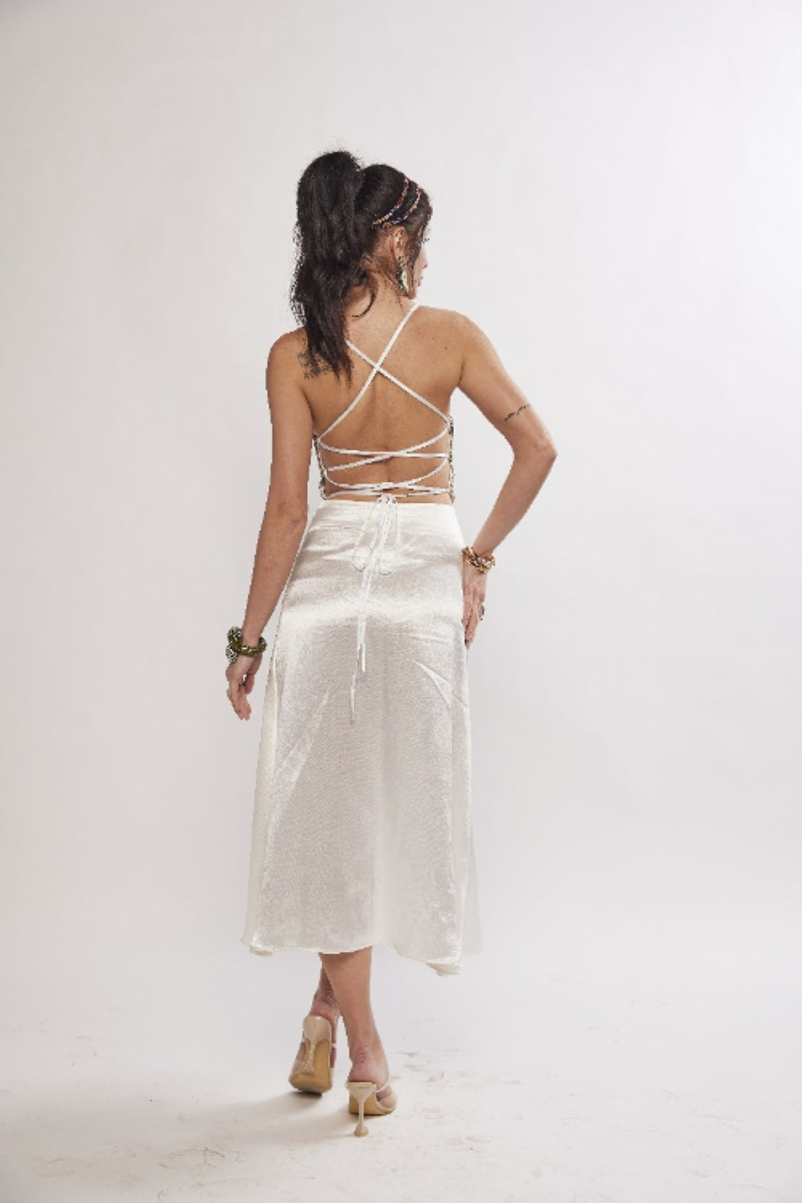 TWINKLE WHITE RHINESTONE EMBELLISHED FLARED MIDI SKIRT