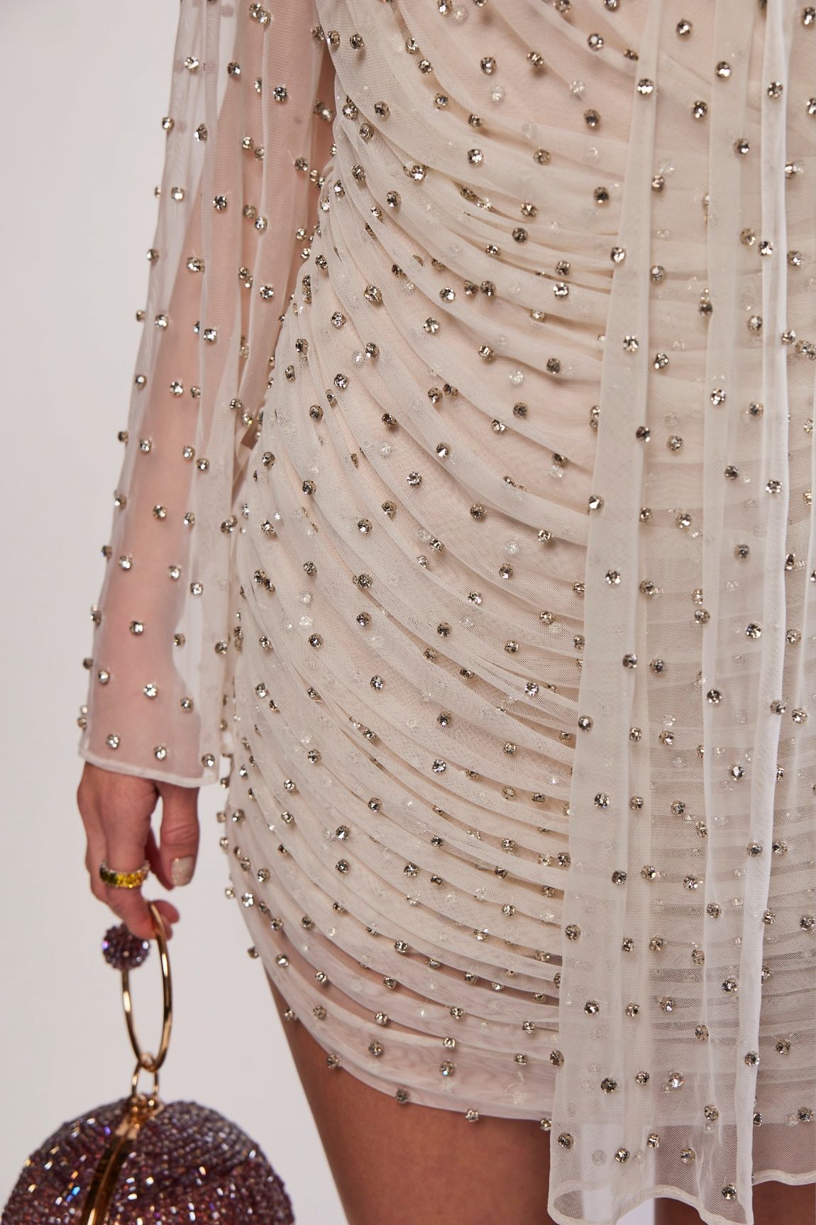 DELILAH OFF WHITE CRYSTAL EMBELLISHED MINI DRAPE DRESS
