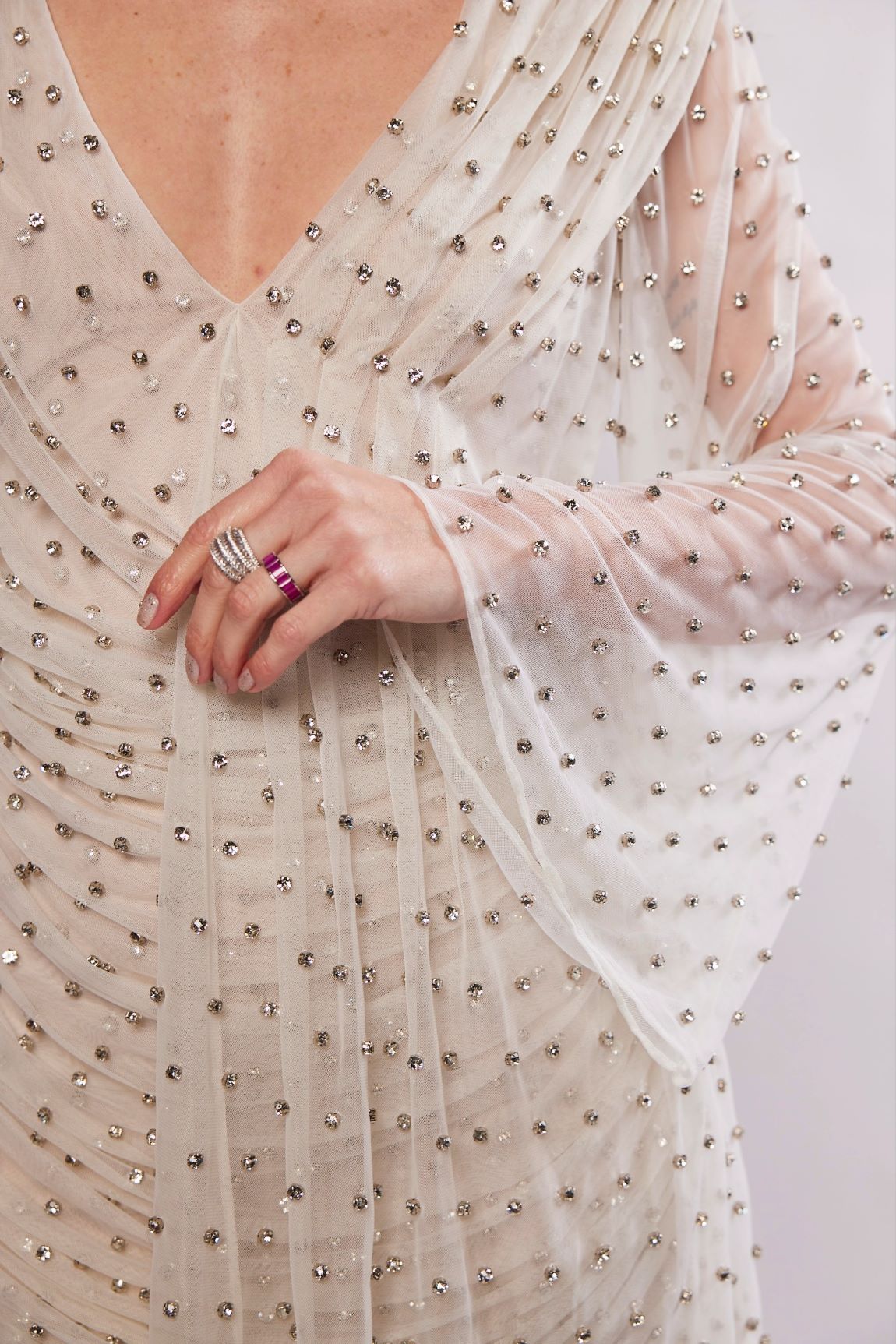 DELILAH OFF WHITE CRYSTAL EMBELLISHED MINI DRAPE DRESS