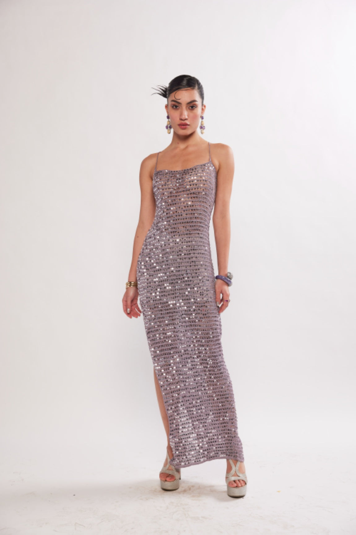 KAI LILAC SILVER SEQUIN CROCHET MAXI DRESS
