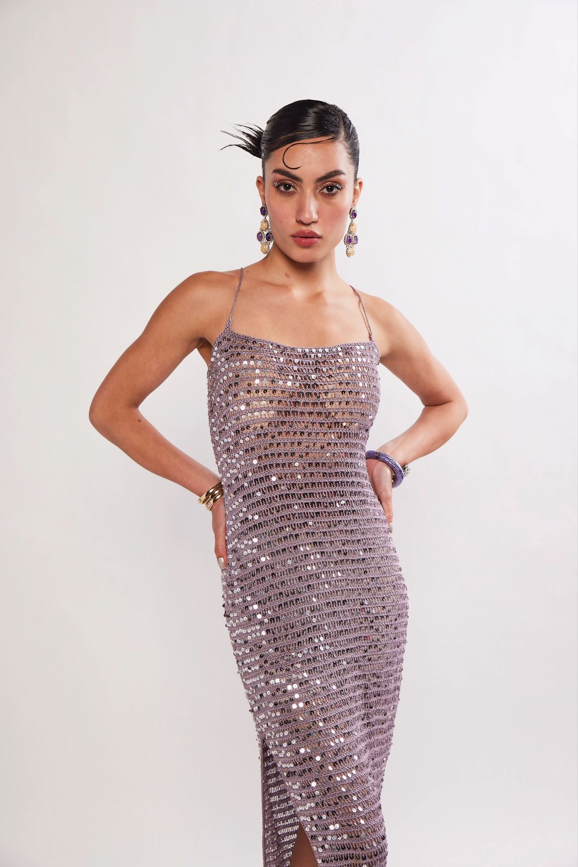 KAI LILAC SILVER SEQUIN CROCHET MAXI DRESS