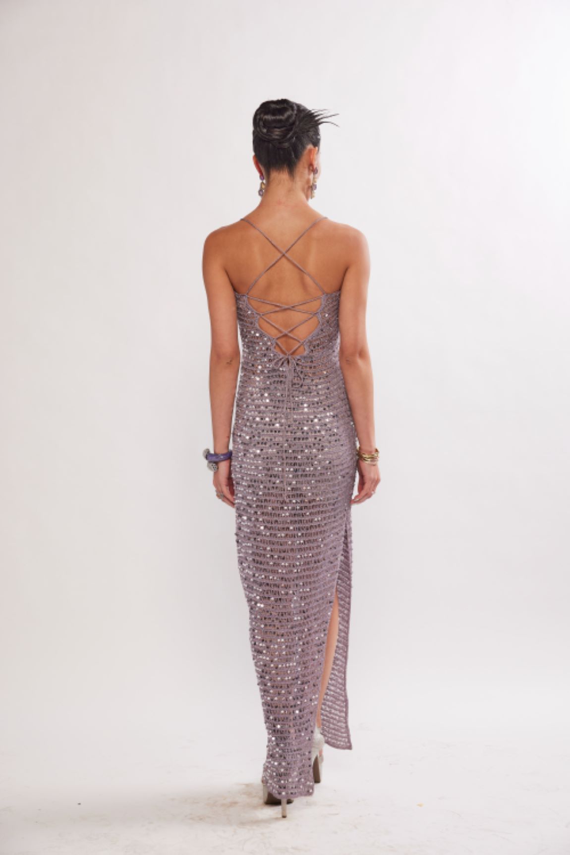 KAI LILAC SILVER SEQUIN CROCHET MAXI DRESS