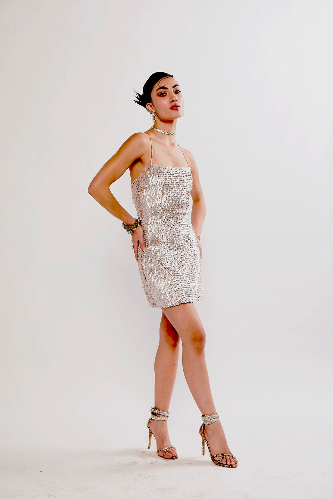 PEARL SEQUIN EMBELLISHED COCKTAIL MINI DRESS