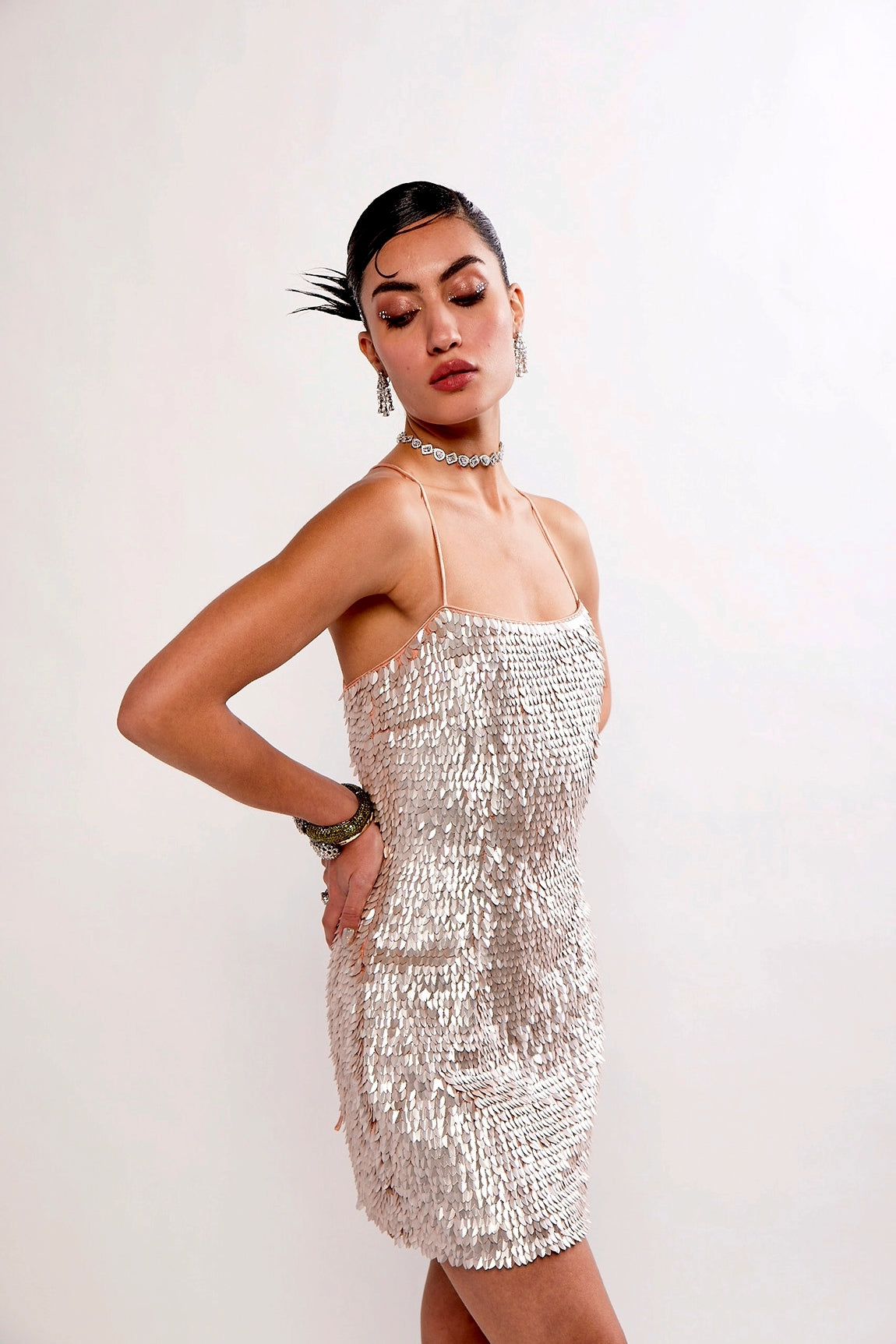 PEARL SEQUIN EMBELLISHED COCKTAIL MINI DRESS