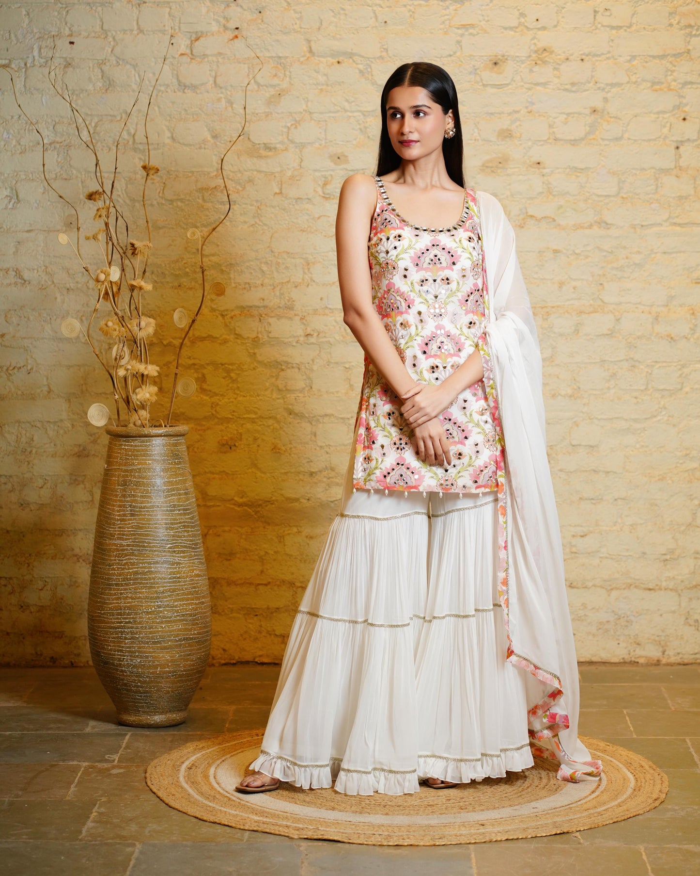 SANA LOTUS IVORY SHORT KURTA & SHARARA & DUPATTA