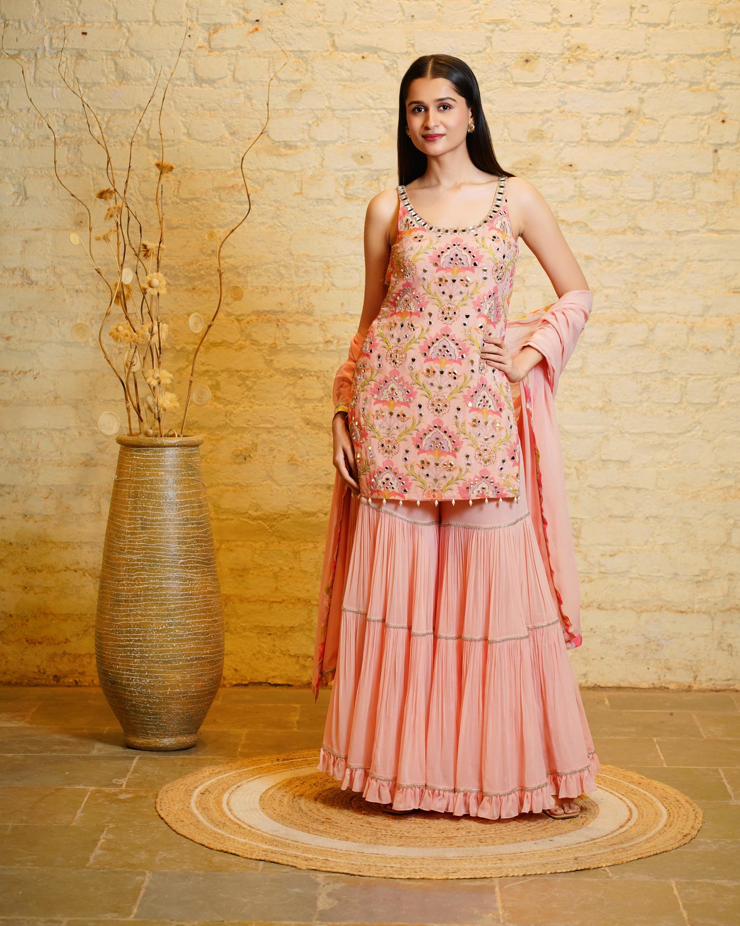 SANA LOTUS ROSE SHORT KURTA & SHARARA & DUPATTA