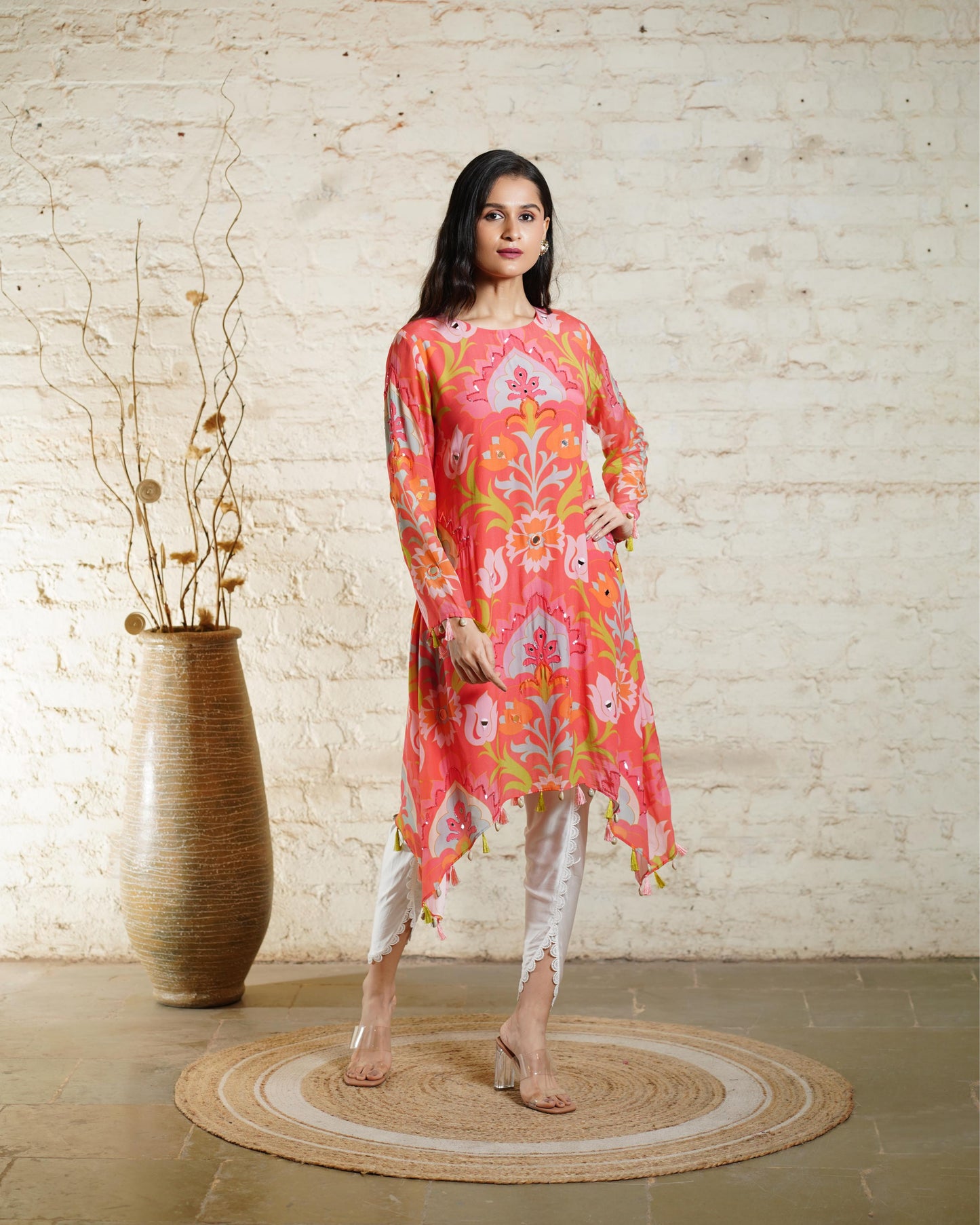 SEHER BIG LOTUS CORAL TUNIC & DHOTI