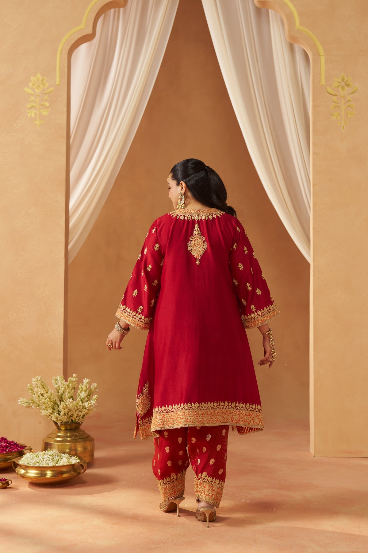 ZEENAL DEEP RED A-LINE KAAFTAN WITH SALWAR WITH DUPATTA