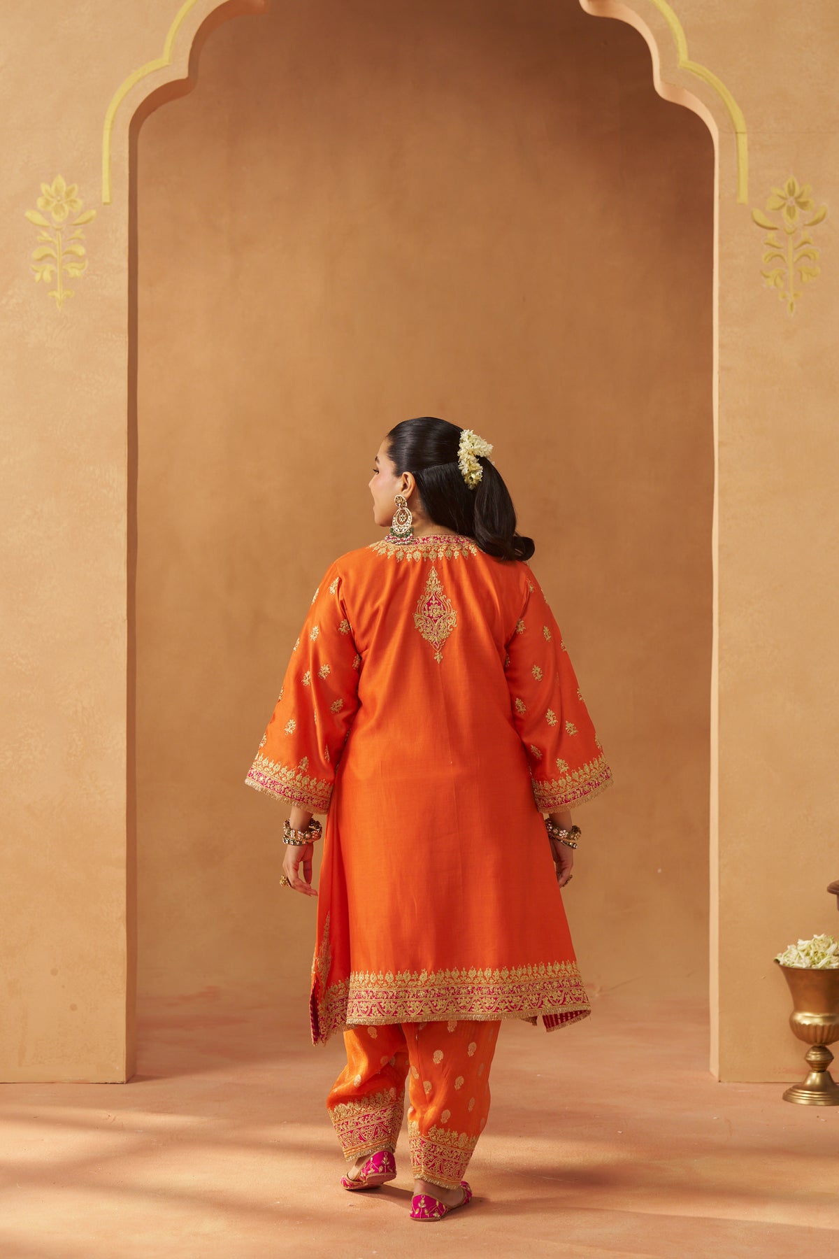 ZEENAL BURNT ORANGE A-LINE KAAFTAN WITH SALWAR WITH DUPATTA