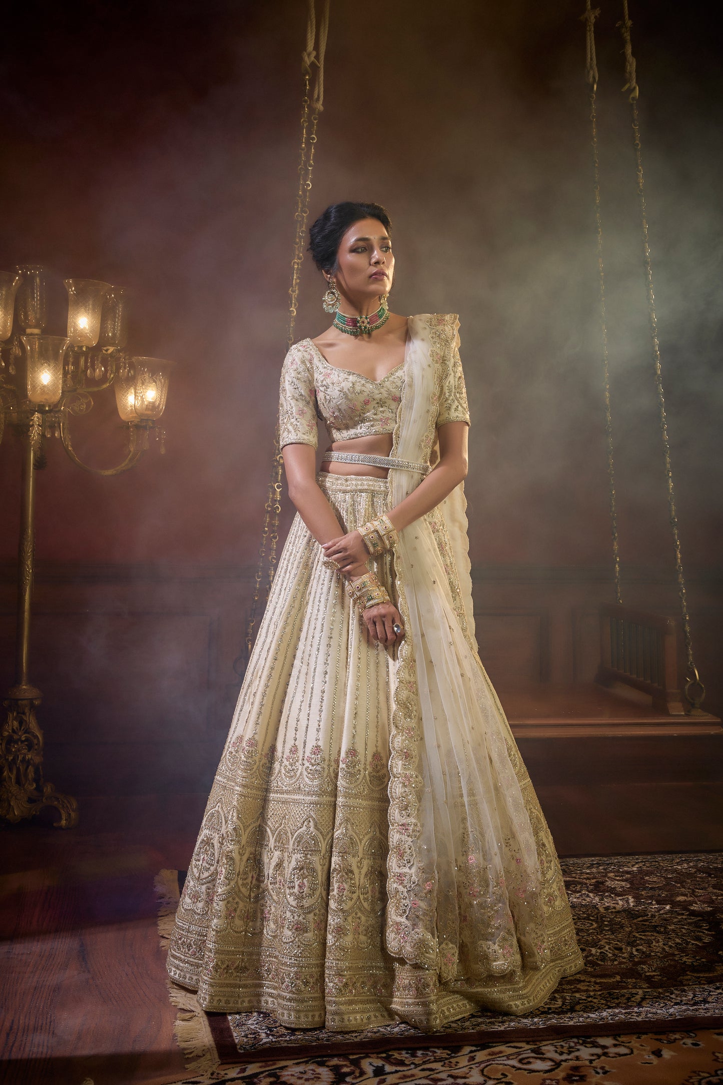 IVORY RAW SILK EMBROIDERED LEHENGA SET
