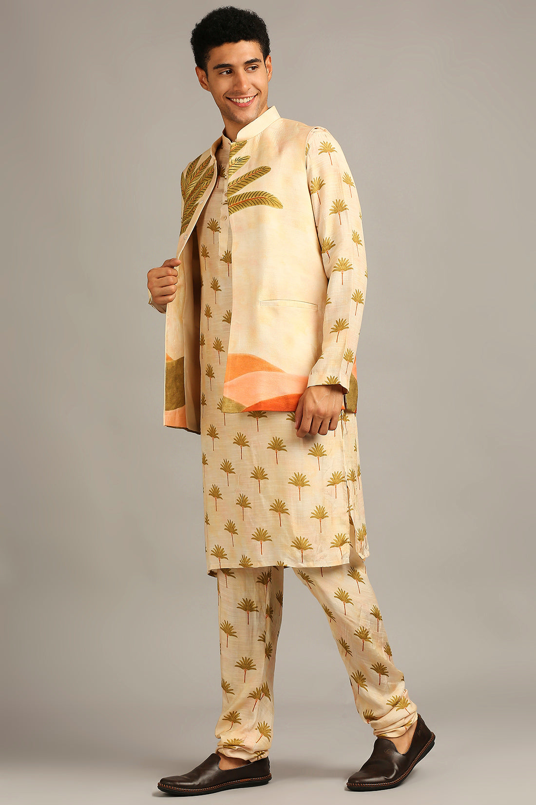CONVERSATIONAL PRINTED LONGLINE JACKET WITH KURTA SET