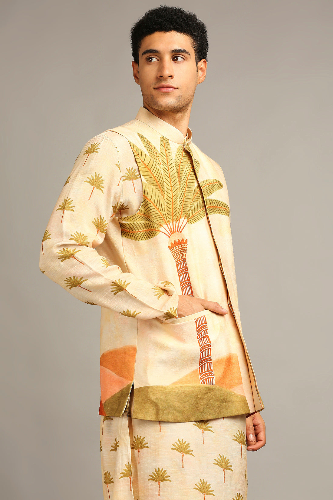 CONVERSATIONAL PRINTED LONGLINE JACKET WITH KURTA SET