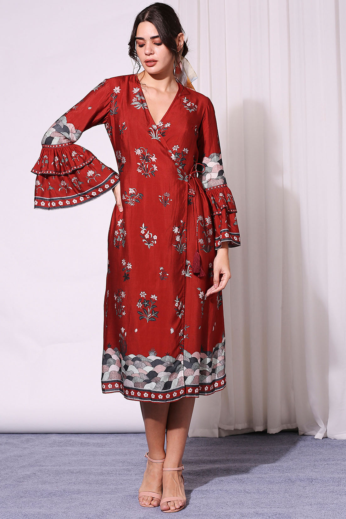 OVERLAP PRINTED DRESS WITH BELL SLEEVES