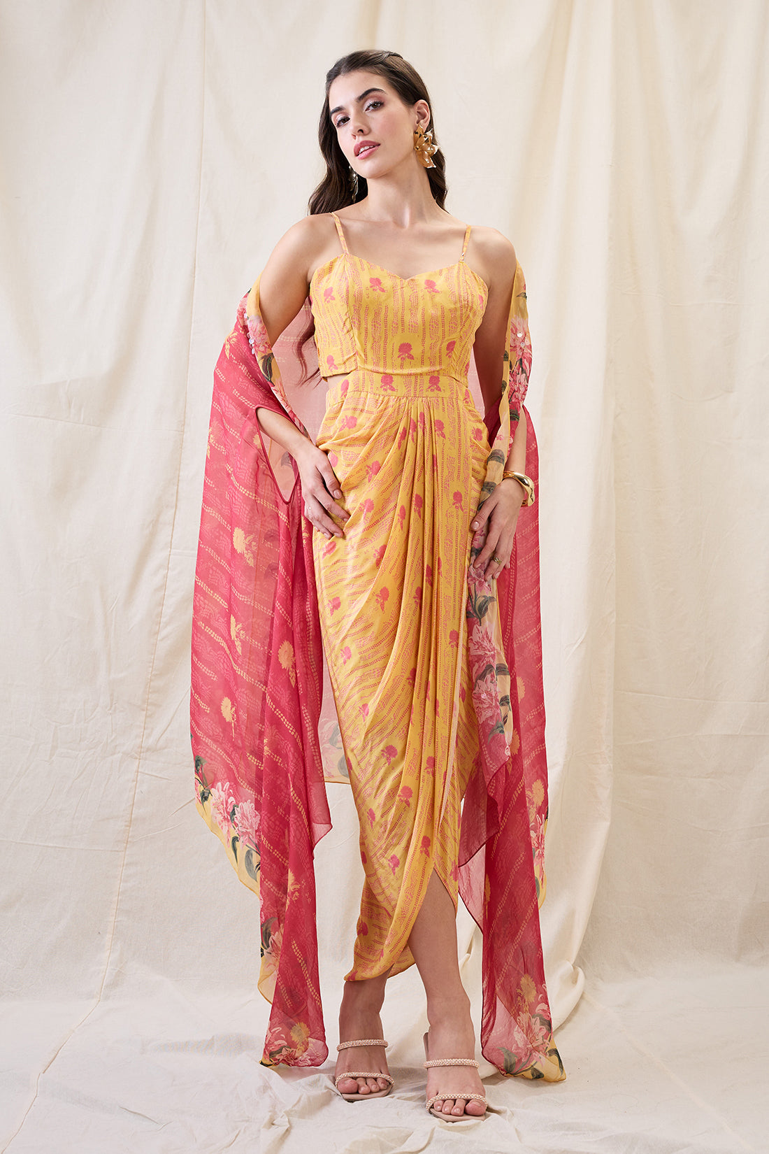 RAVYA DRAPE DRESS WITH EMBELLISHED CAPE