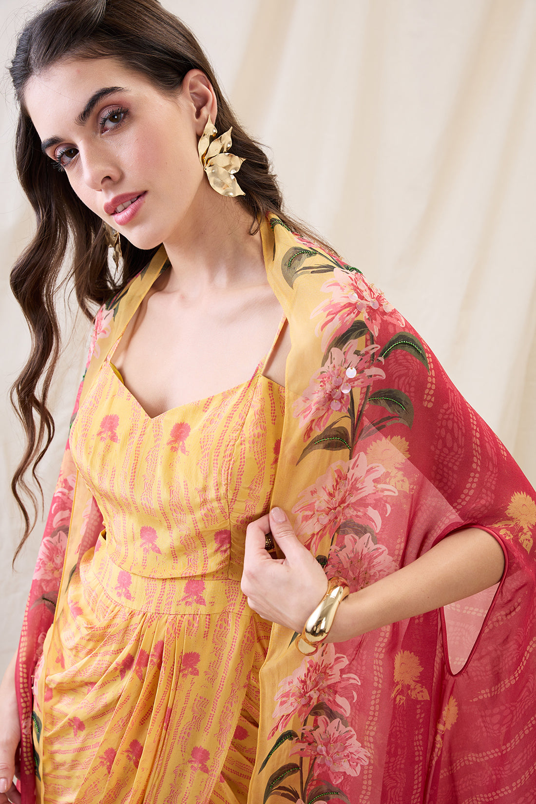 RAVYA DRAPE DRESS WITH EMBELLISHED CAPE