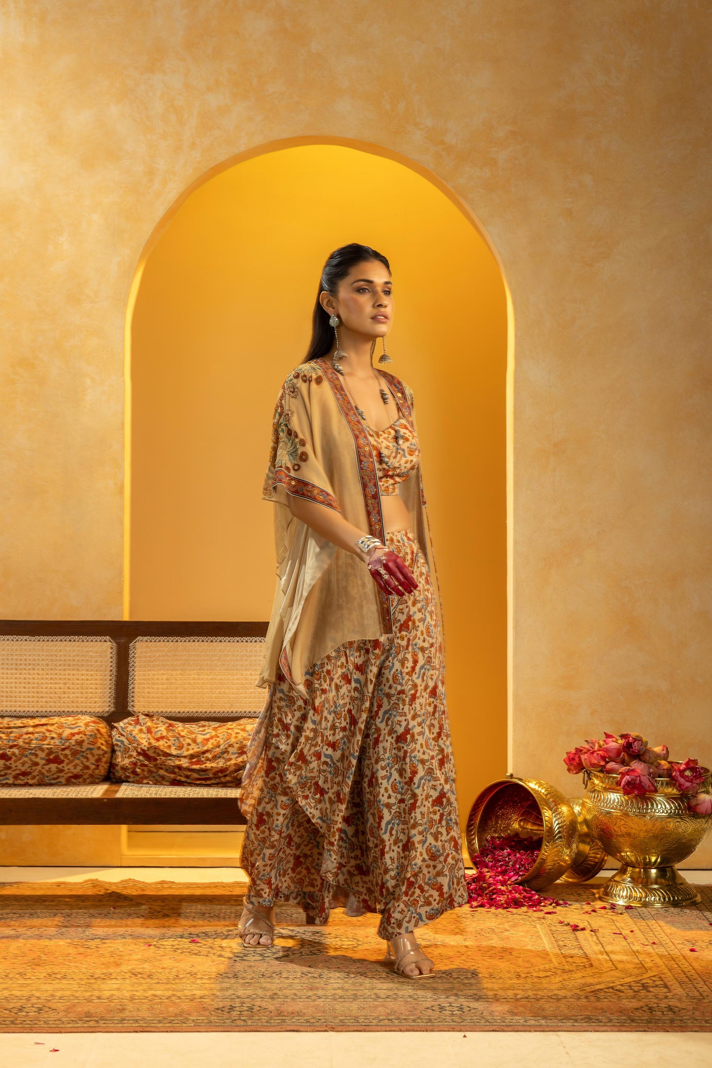 RANGTARA EMBELLISHED LAYERED PANT SET WITH CAPE