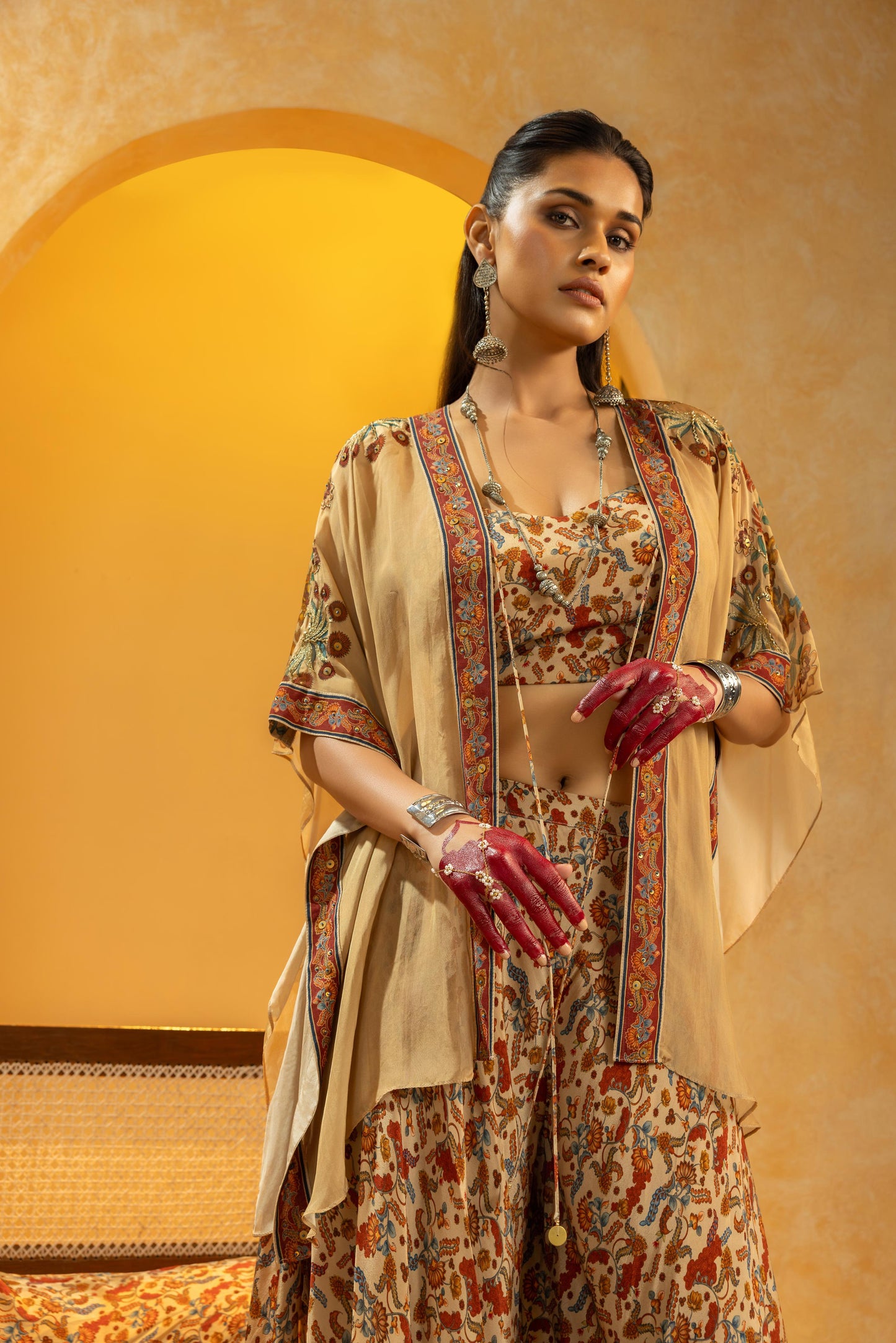 RANGTARA EMBELLISHED LAYERED PANT SET WITH CAPE