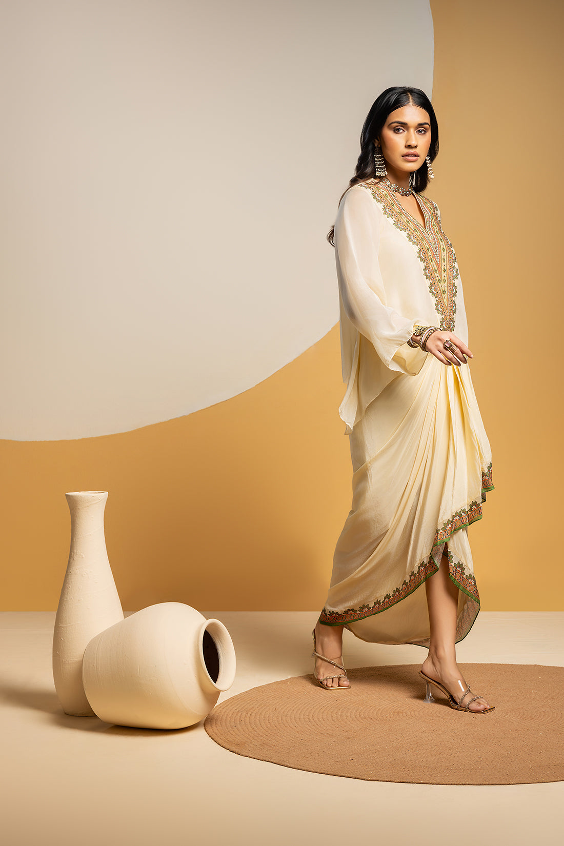 TAARANI EMBELLISHED V-NECK DRAPE SKIRT SET