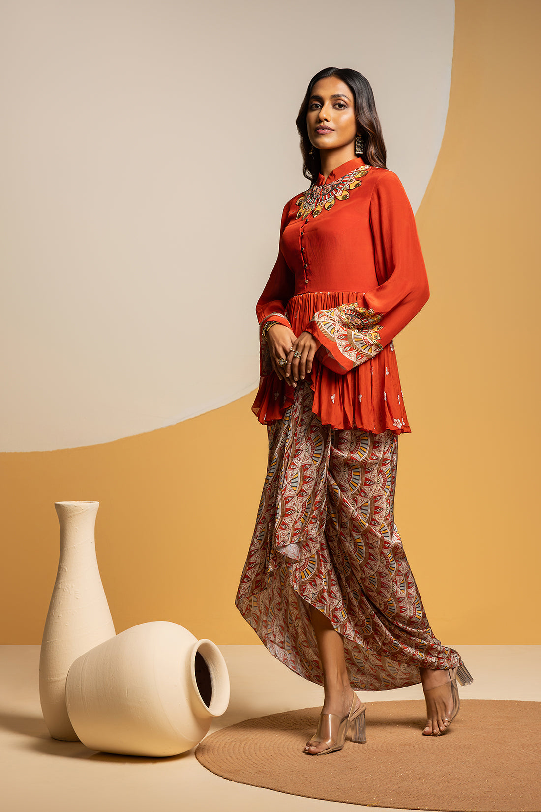 TAARANI EMBELLISHED DRAPE SKIRT SET