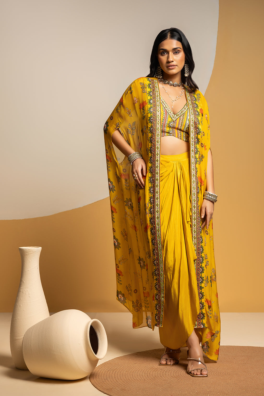 TAARANI EMBELLISHED DRAPE SKIRT SET WITH LONG CAPE