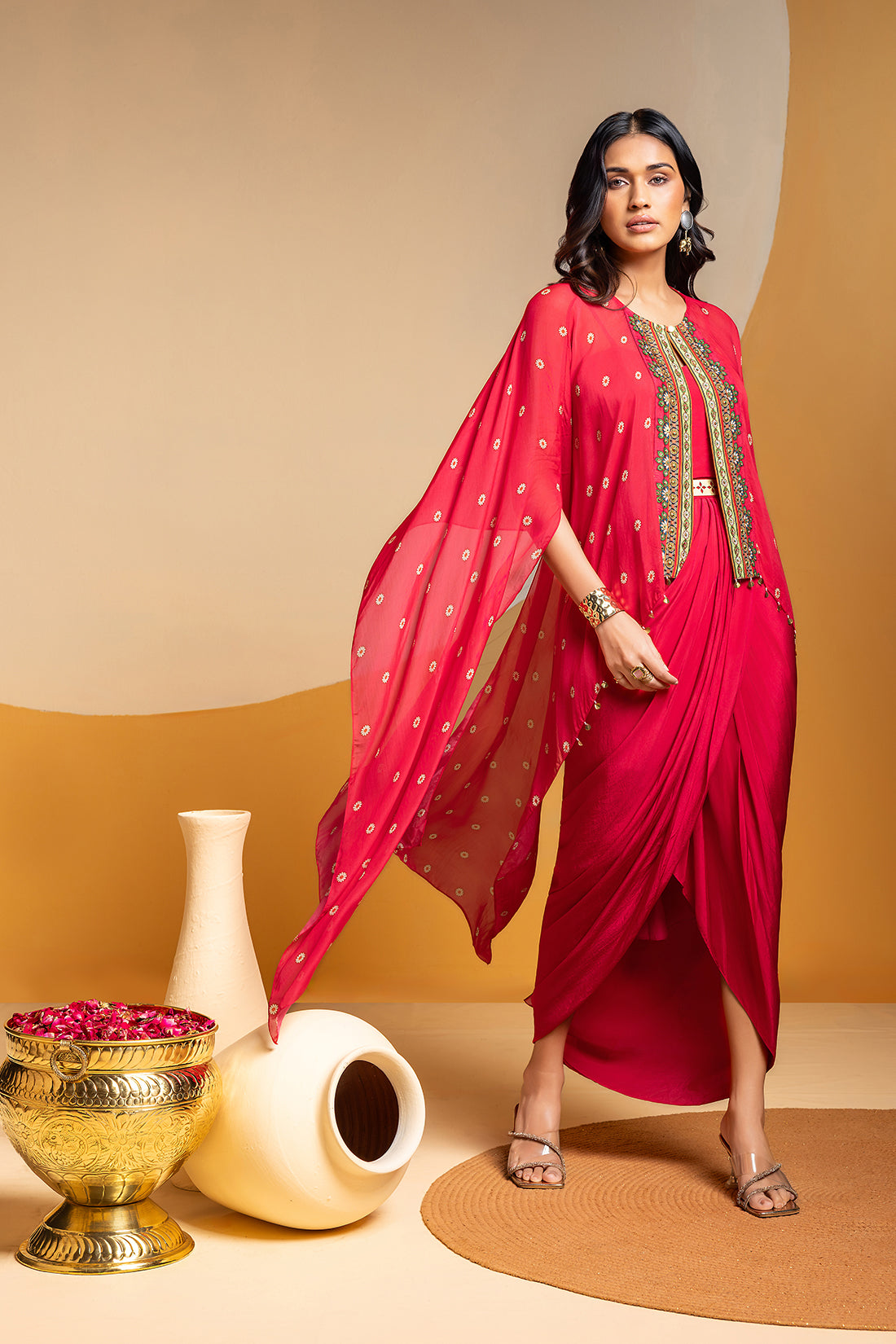 TAARANI DRAPE DRESS WITH EMBROIDERED CAPE