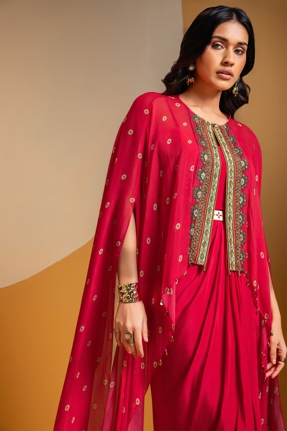 TAARANI DRAPE DRESS WITH EMBROIDERED CAPE